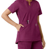 Force Essentials Women's Notch Neck Tunic Knit Panel Scrub Top Wine hemline detail