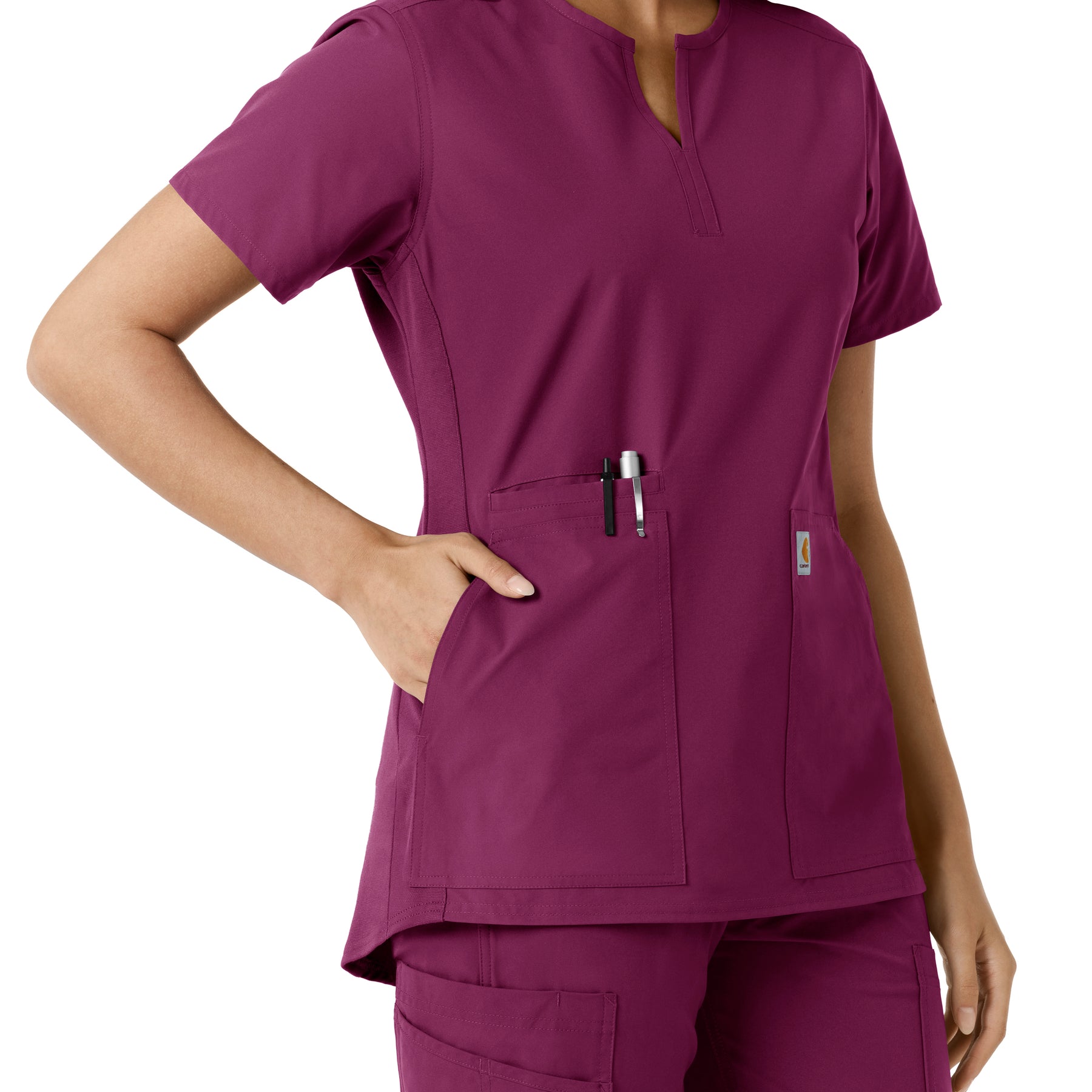 Force Essentials Women's Notch Neck Tunic Knit Panel Scrub Top Wine hemline detail