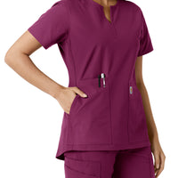 Force Essentials Women's Notch Neck Tunic Knit Panel Scrub Top Wine hemline detail