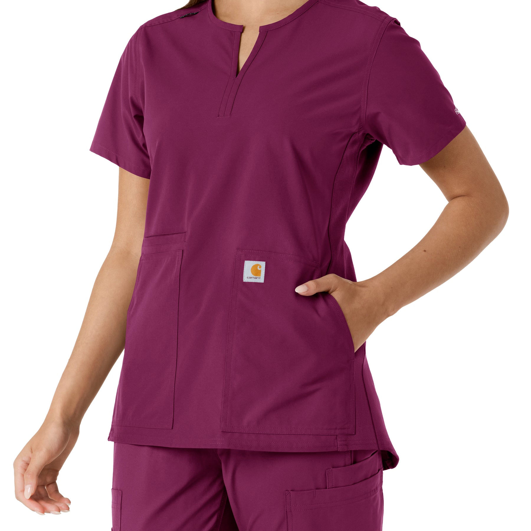 Carhartt Force Essentials Women's Notch Neck Tunic Knit Panel Scrub Top - Wine