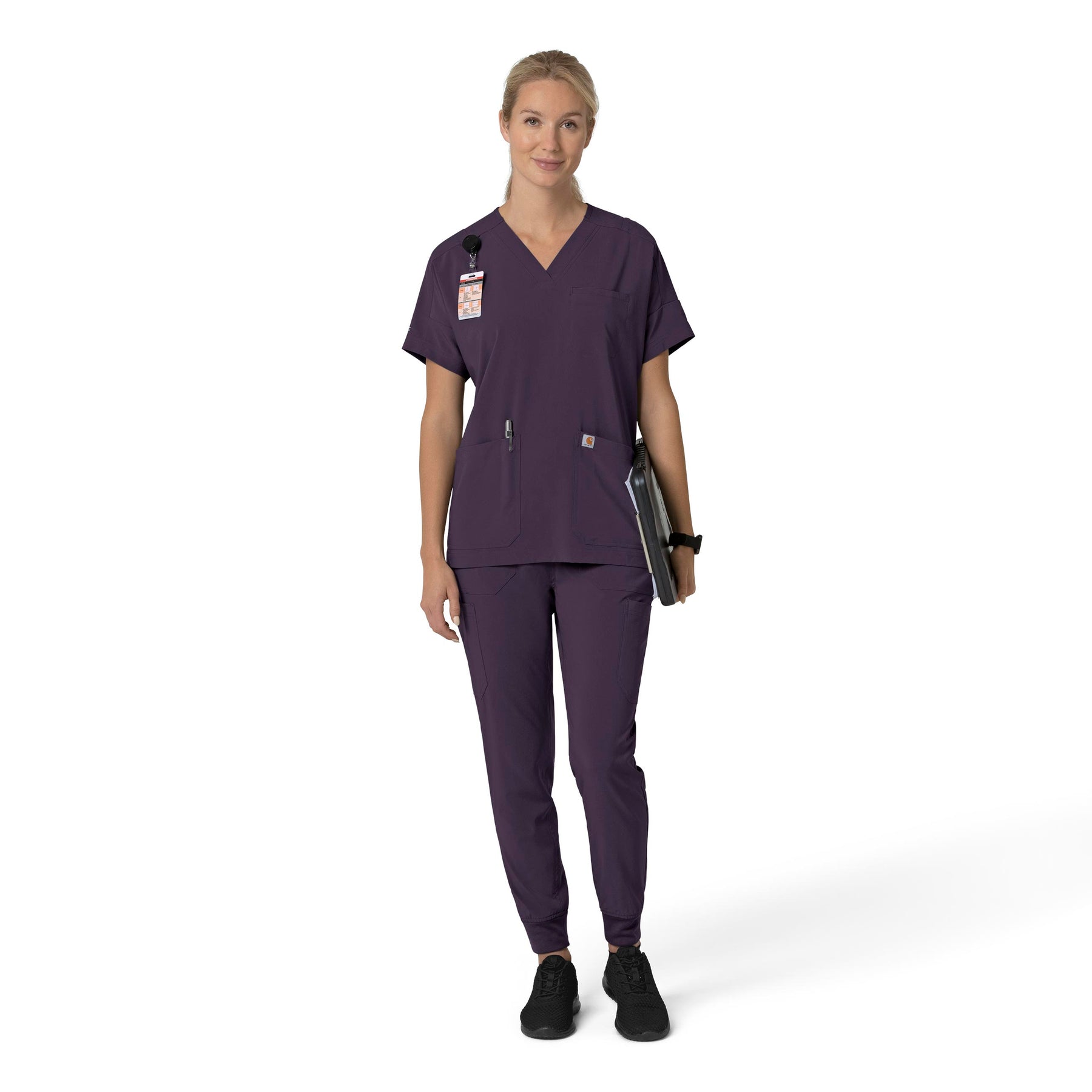 Force Cross-Flex Women's Oversized V-Neck Scrub Top Black Plum full scrub set