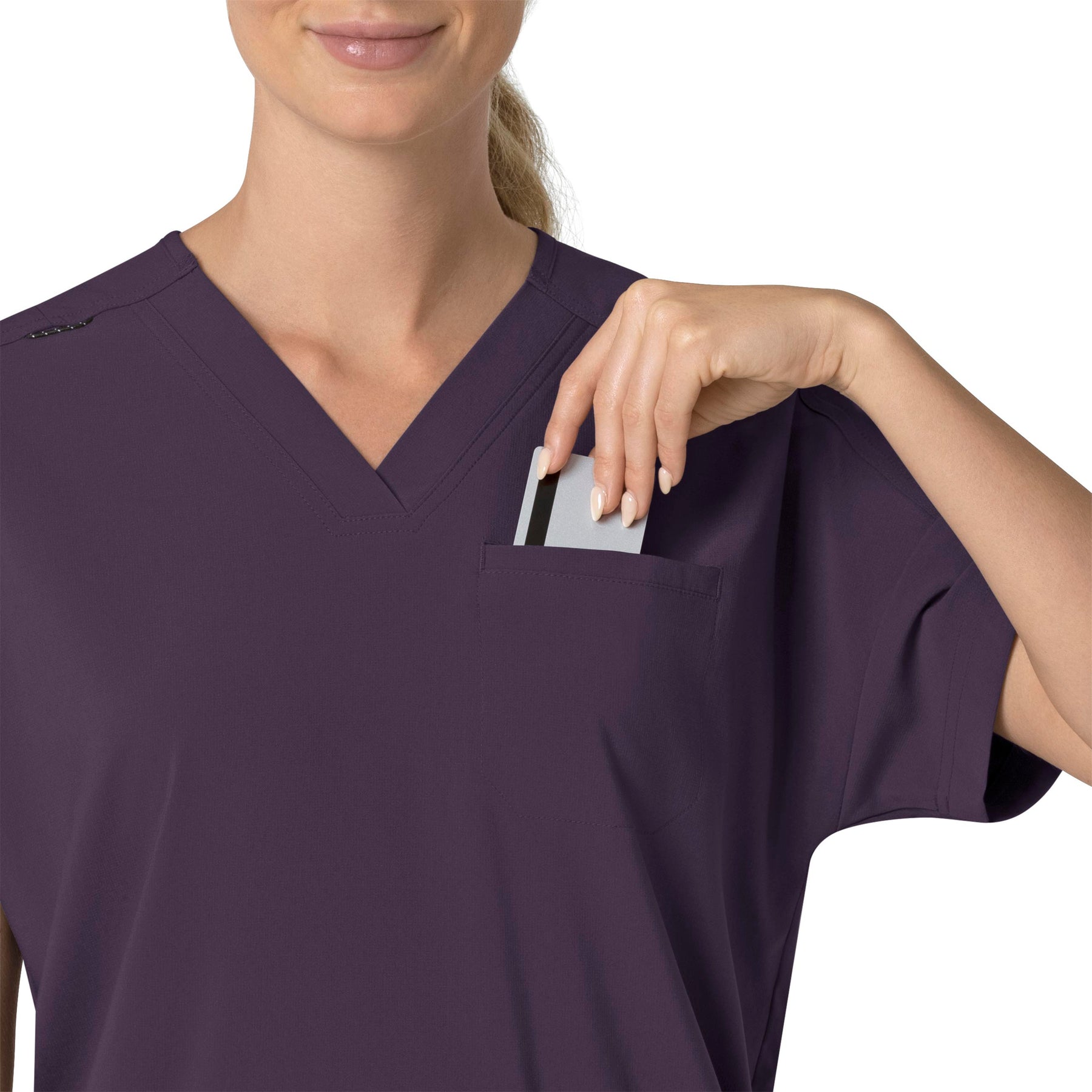 Force Cross-Flex Women's Oversized V-Neck Scrub Top Black Plum hemline detail