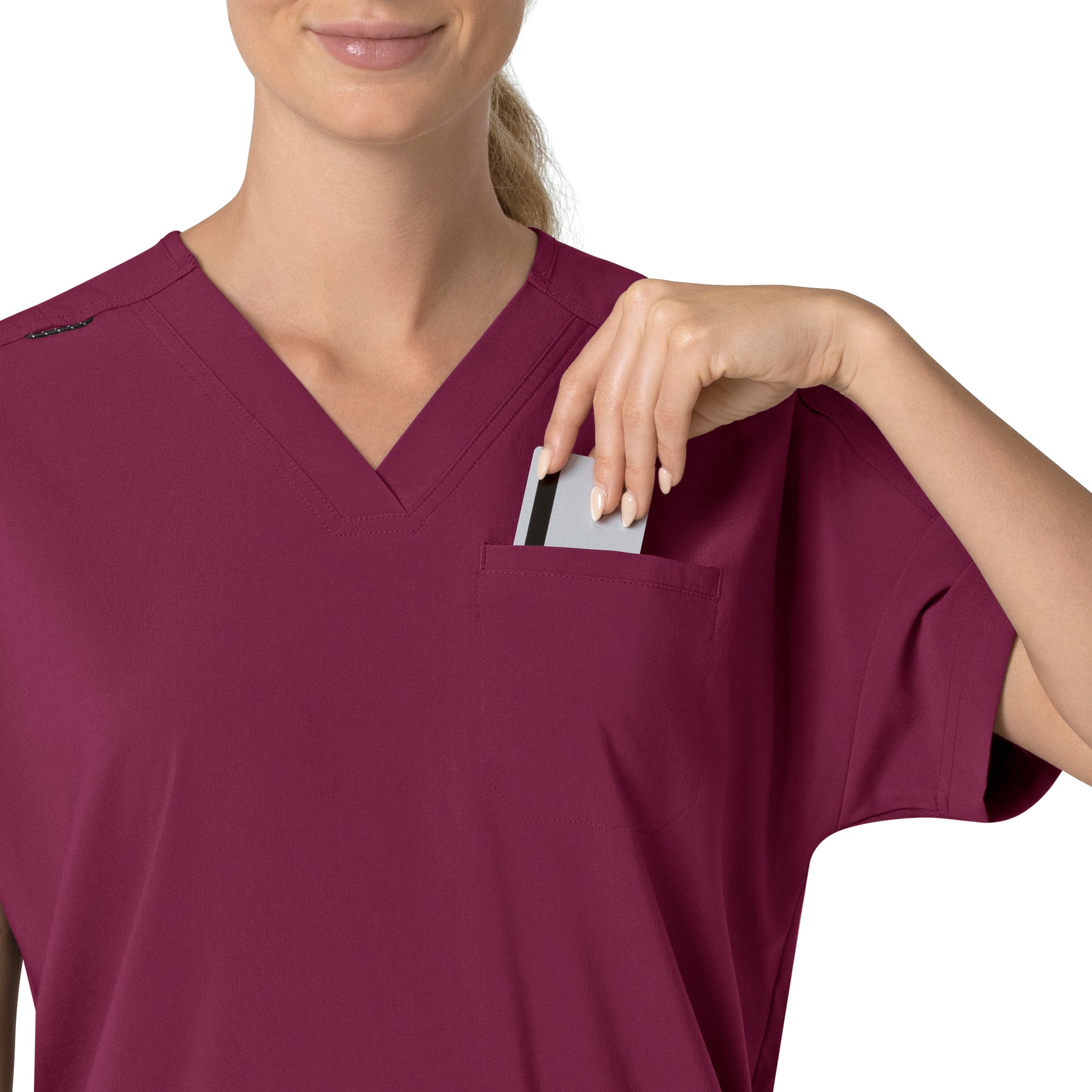 Force Cross-Flex Women's Oversized V-Neck Scrub Top Wine hemline detail