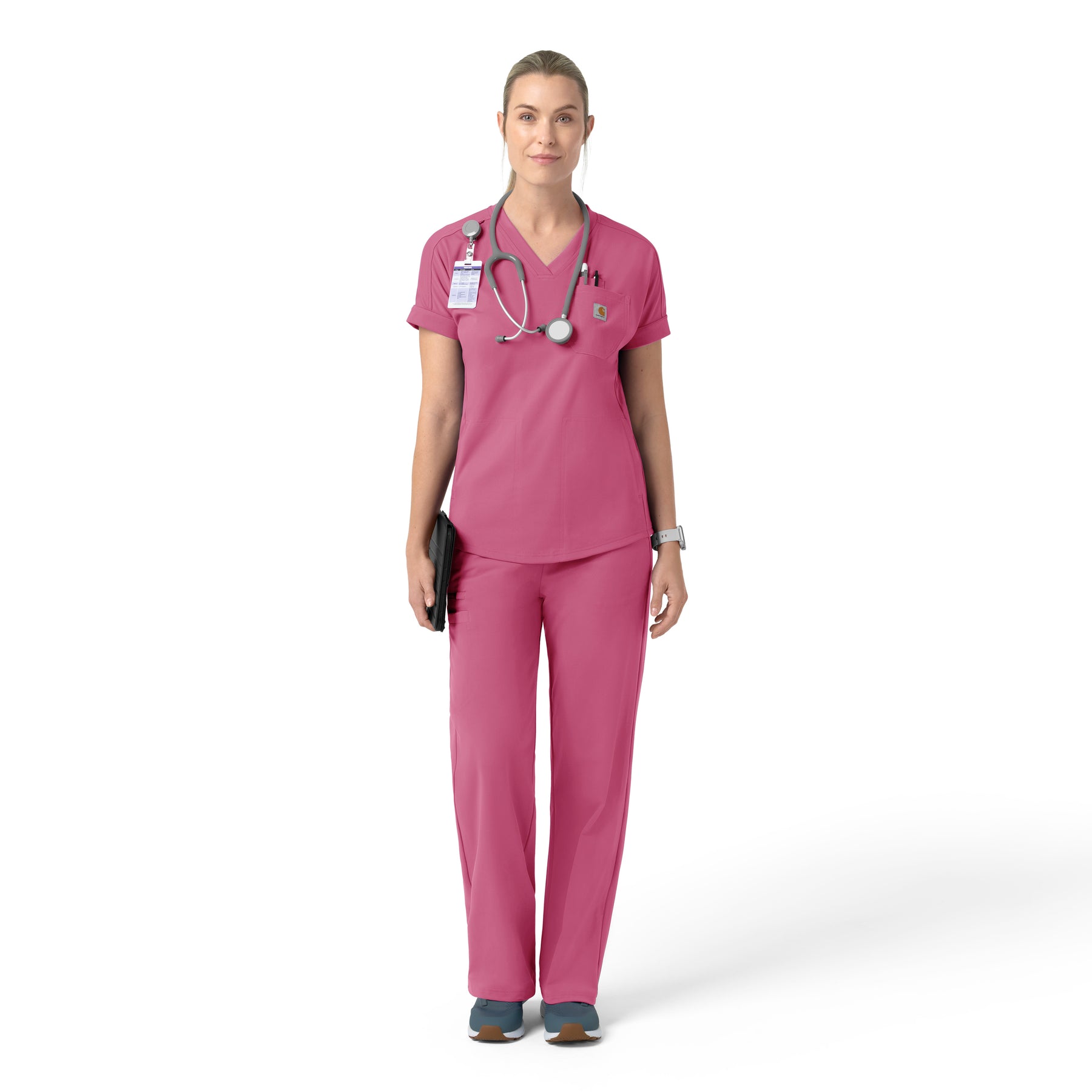 Force Cross-Flex Knit Women's V-Neck Scrub Top Electric Fuschia full scrub set