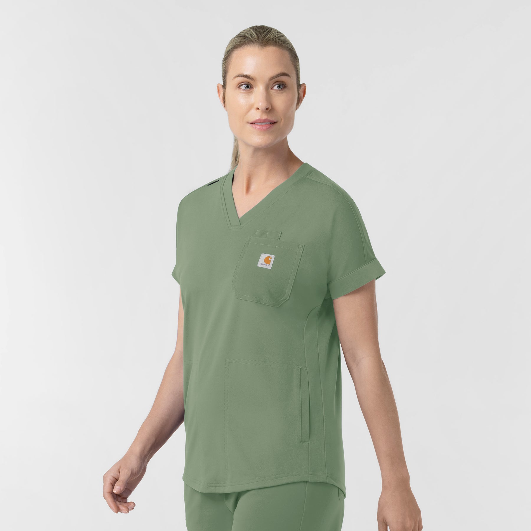 Force Cross-Flex Knit Women's V-Neck Scrub Top Green Slate side view