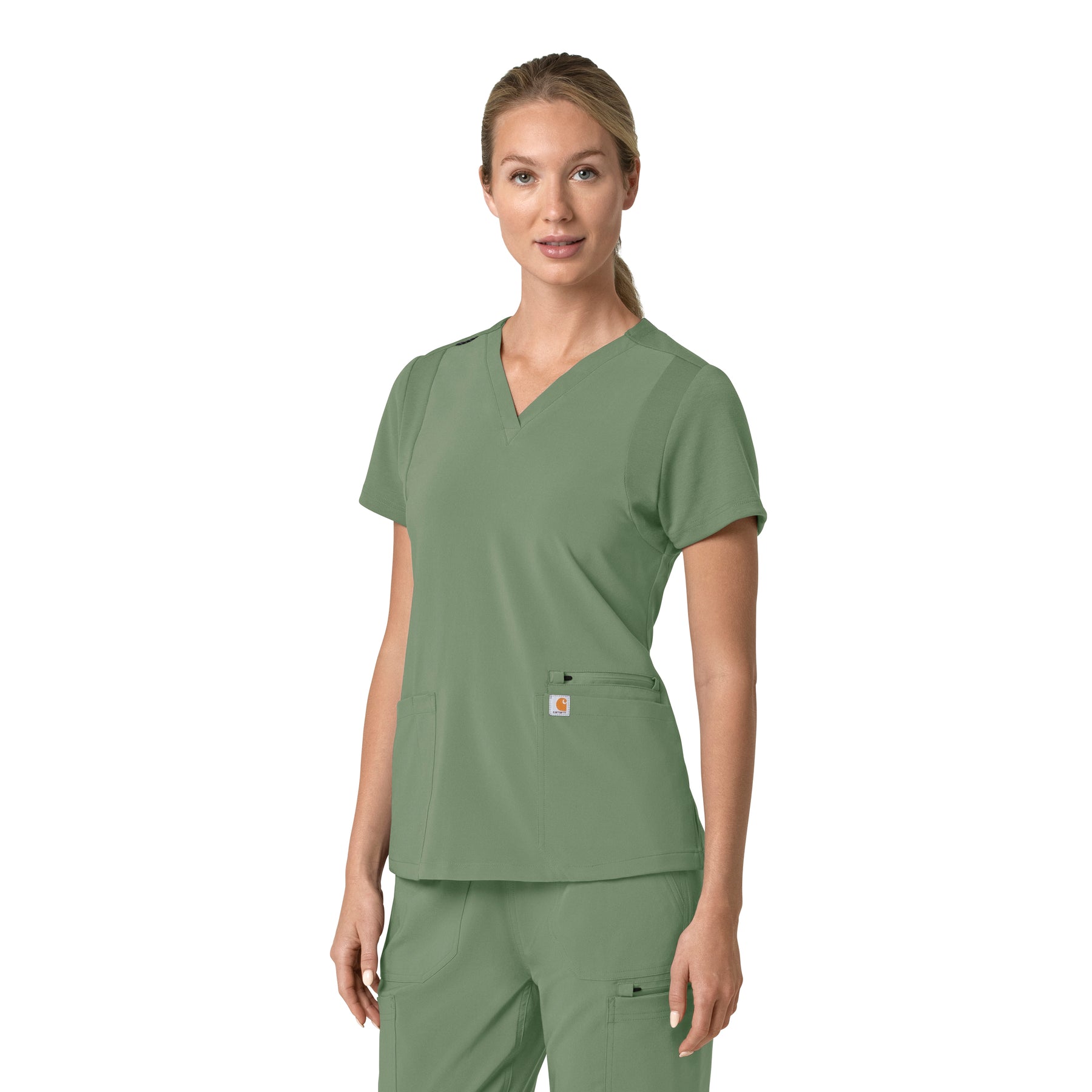 Force Cross-Flex Women's Flex Panel V-Neck Scrub Top Green Slate side view