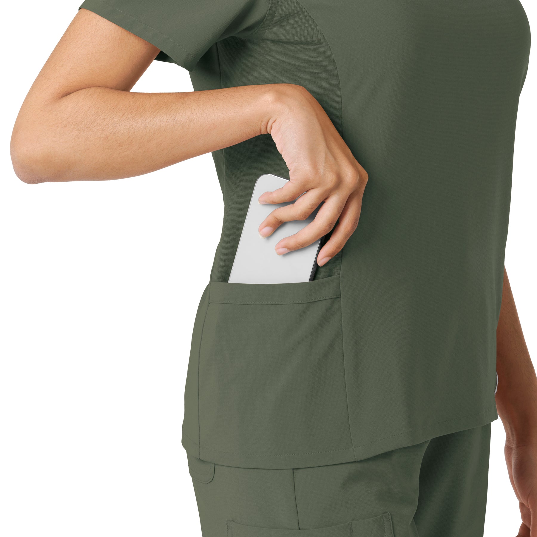 Force Cross-Flex Women's Knit Panel Scrub Top Olive back detail