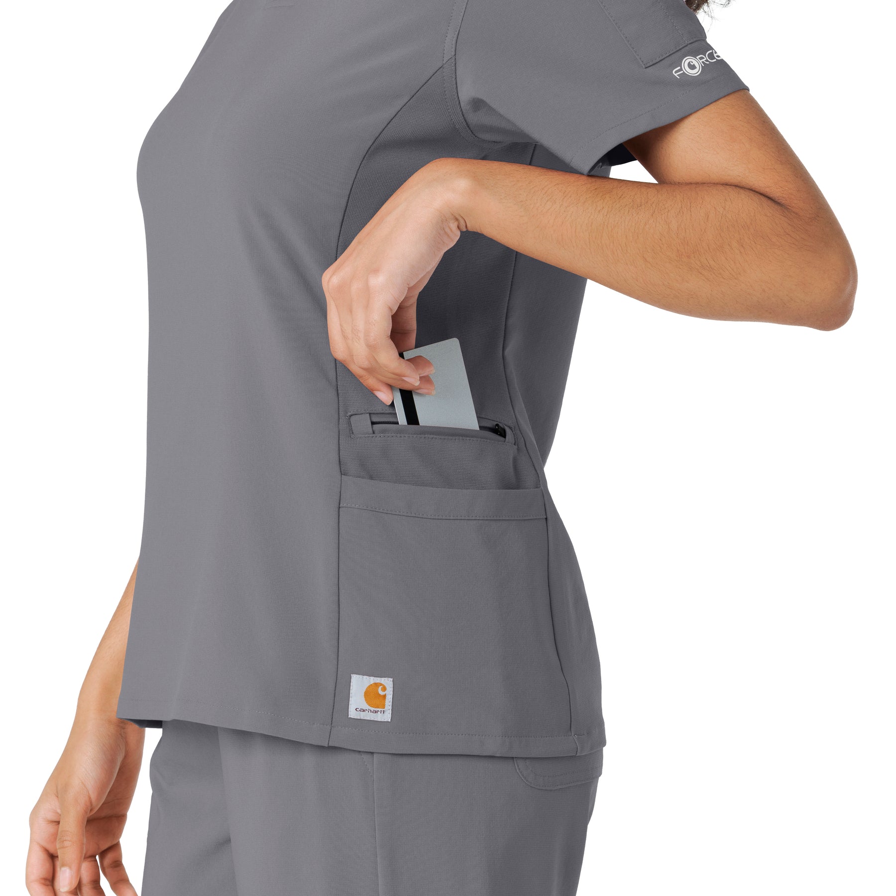 Force Cross-Flex Women's Knit Panel Scrub Top Pewter hemline detail