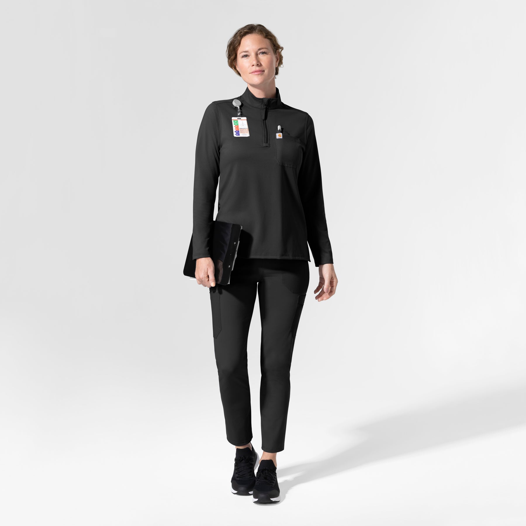 Cross-Flex Knits Knit Women's Long Sleeve Quarter Zip Scrub Top Black full scrub set