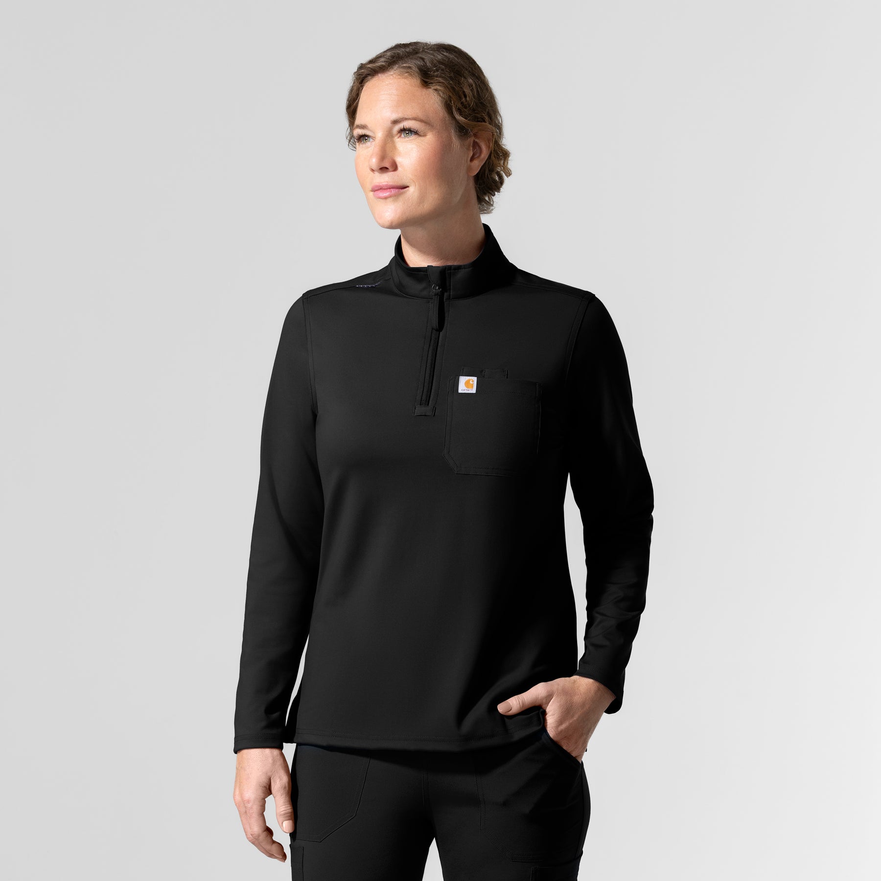 Cross-Flex Knits Knit Women's Long Sleeve Quarter Zip Scrub Top Black side view