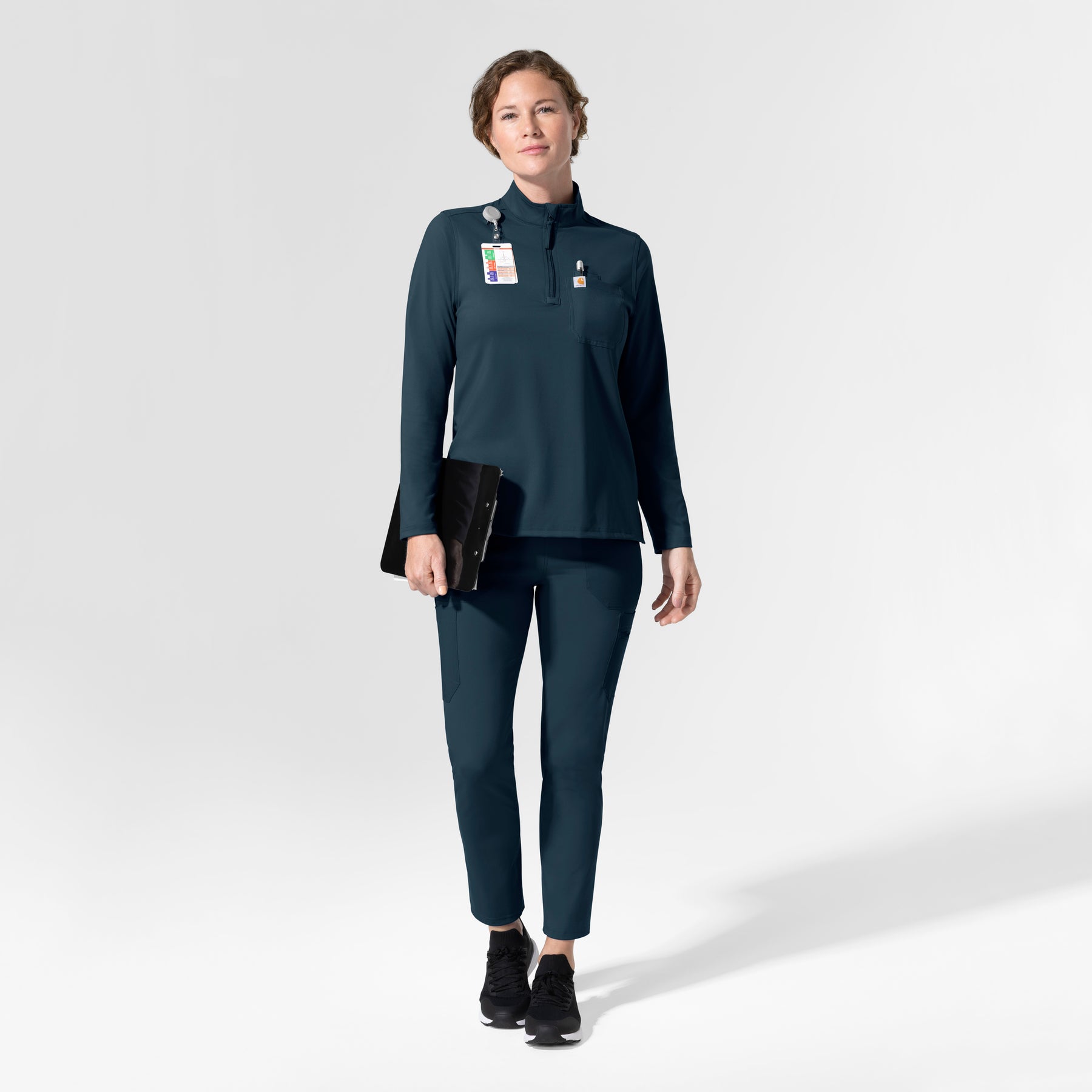 Cross-Flex Knits Knit Women's Long Sleeve Quarter Zip Scrub Top Navy full scrub set