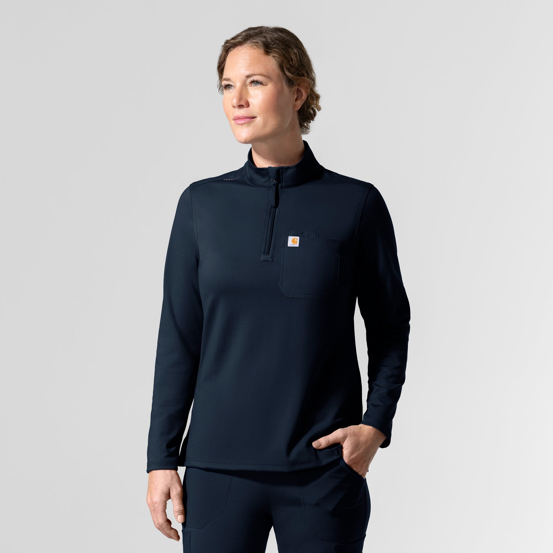Cross-Flex Knits Knit Women's Long Sleeve Quarter Zip Scrub Top Navy side view