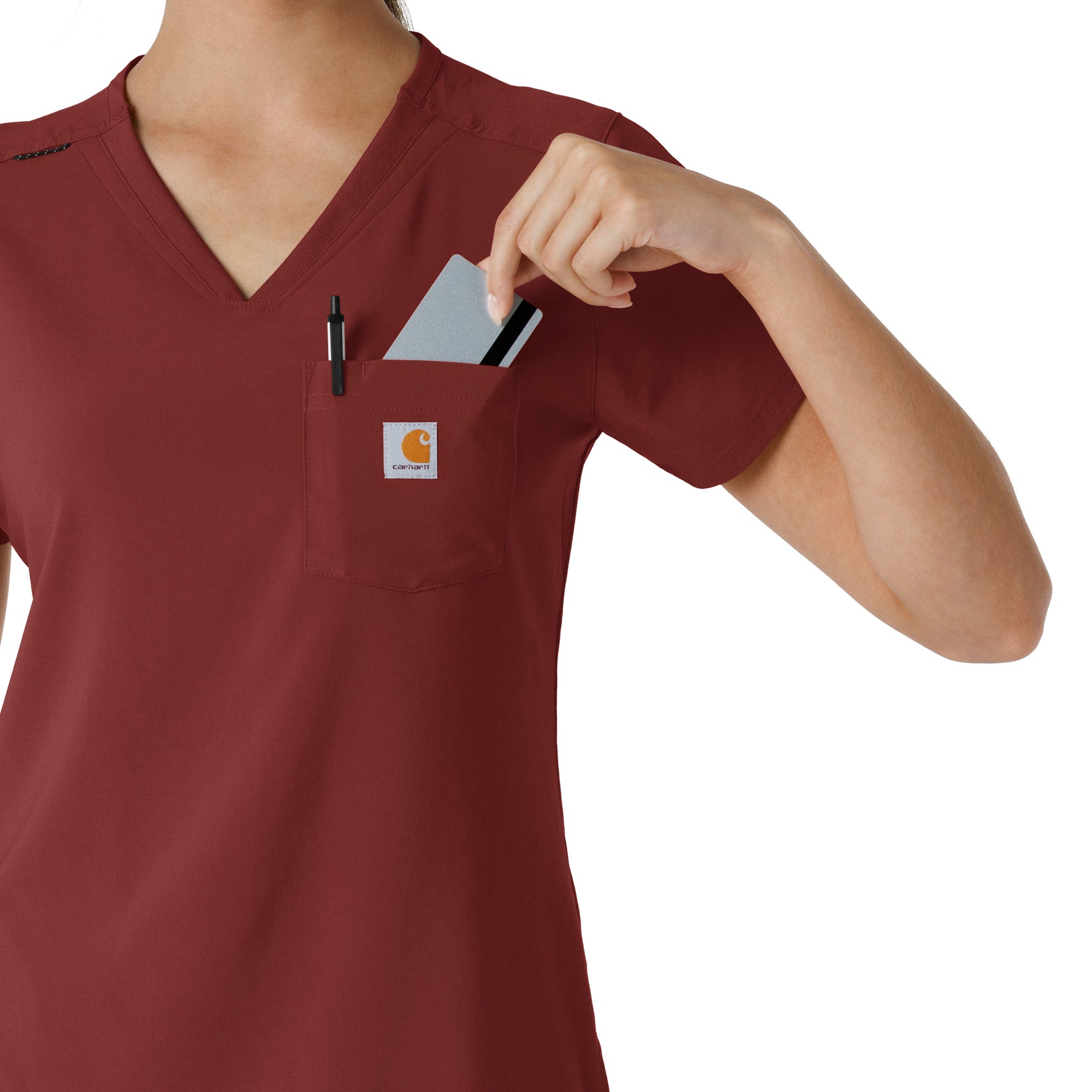 Force Cross-Flex Women's Tuck-In Scrub Top Amber Terrain hemline detail
