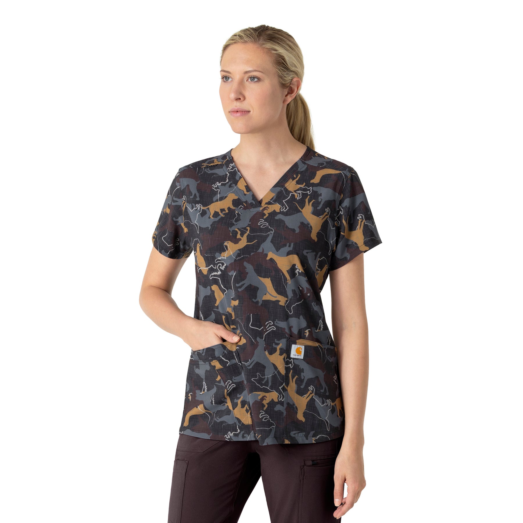 Carhartt Women's V-Neck Print Scrub Top - Furry Fete - dog print scrub