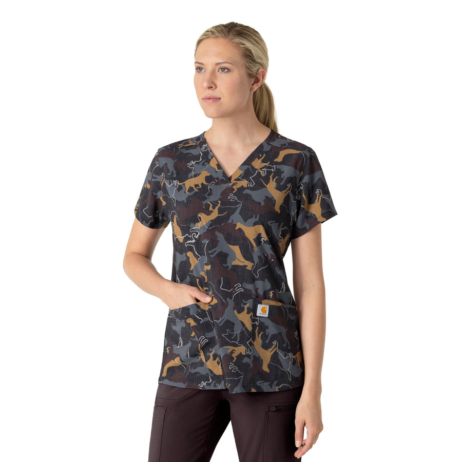 Carhartt Women's V-Neck Print Scrub Top - Furry Fete - dog print scrub