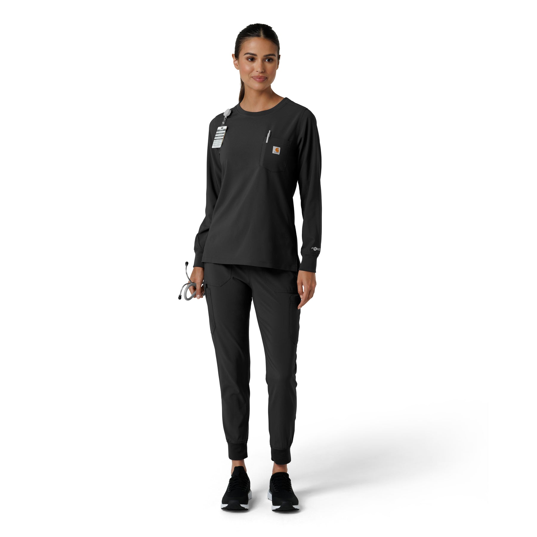 Force Cross-Flex Women's Crew Neck Long Sleeve Scrub Top Black full scrub set