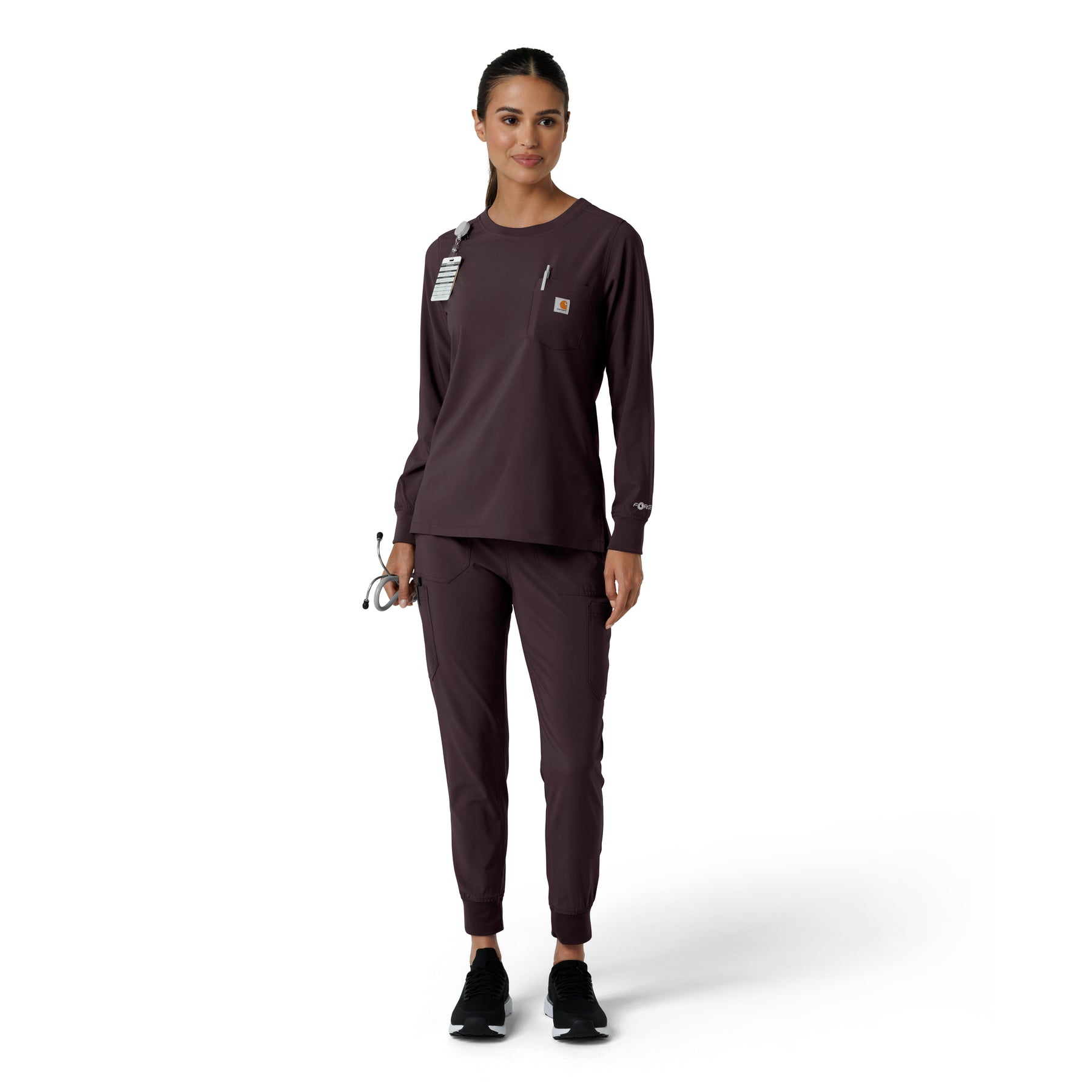 Force Cross-Flex Women's Crew Neck Long Sleeve Scrub Top Dark Sepia full scrub set