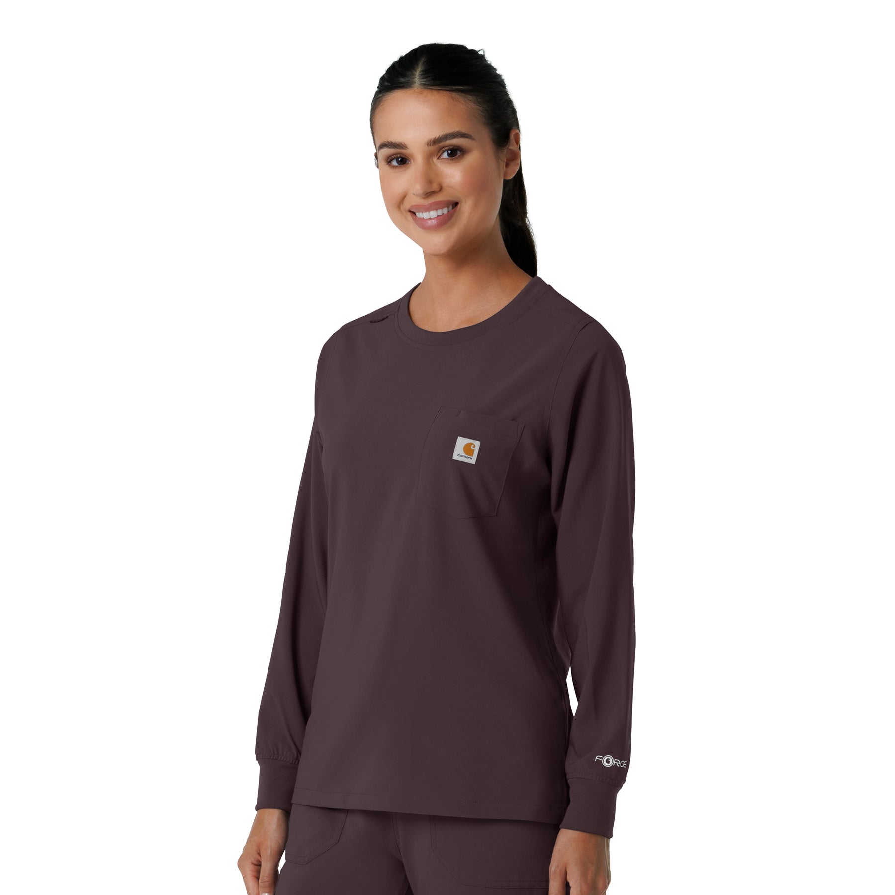 Force Cross-Flex Women's Crew Neck Long Sleeve Scrub Top Dark Sepia side view