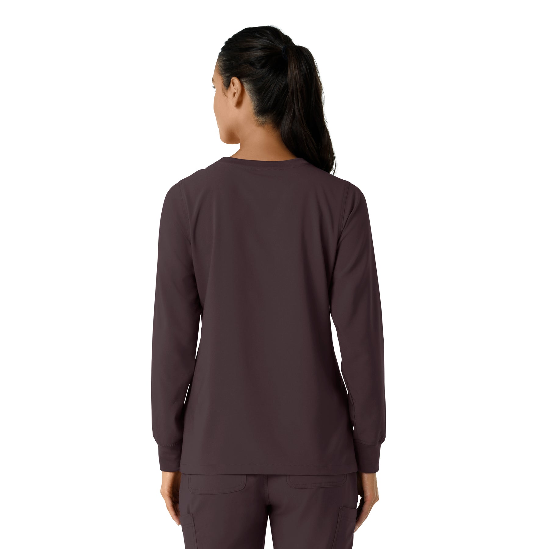 Force Cross-Flex Women's Crew Neck Long Sleeve Scrub Top Dark Sepia back view