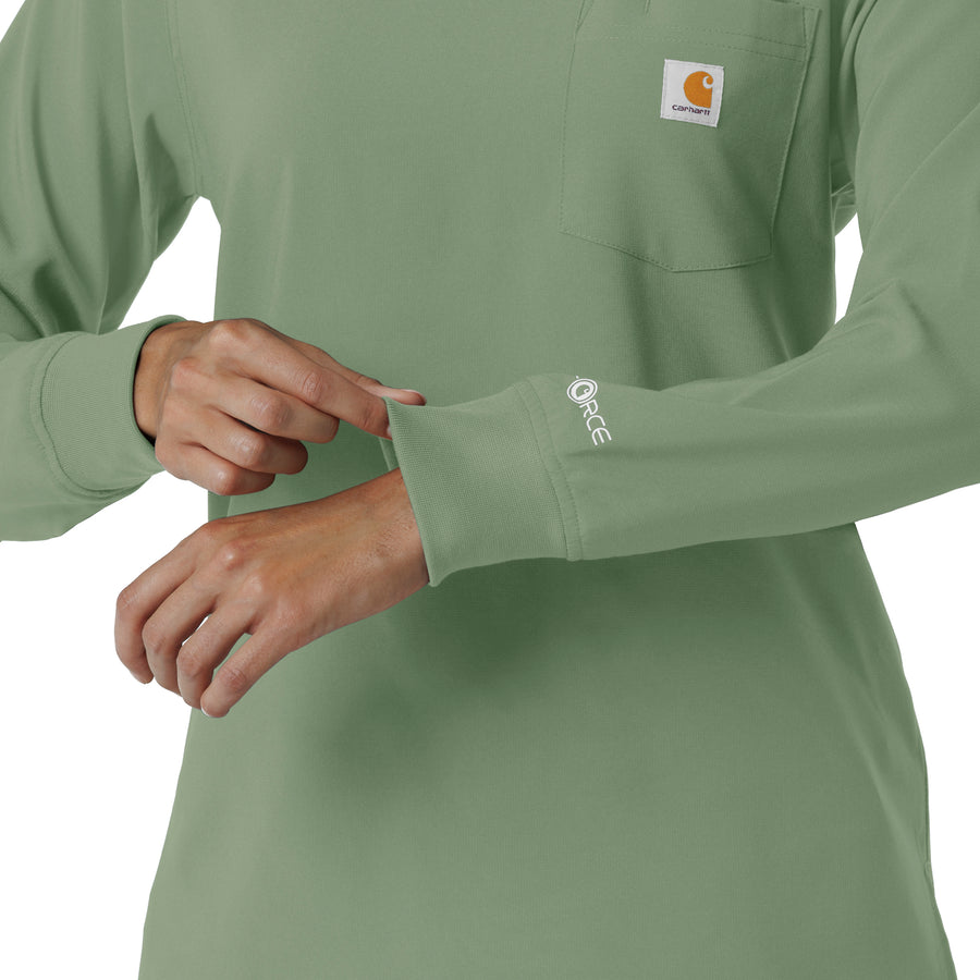 Force Cross-Flex Women's Crew Neck Long Sleeve Scrub Top Green Slate hemline detail