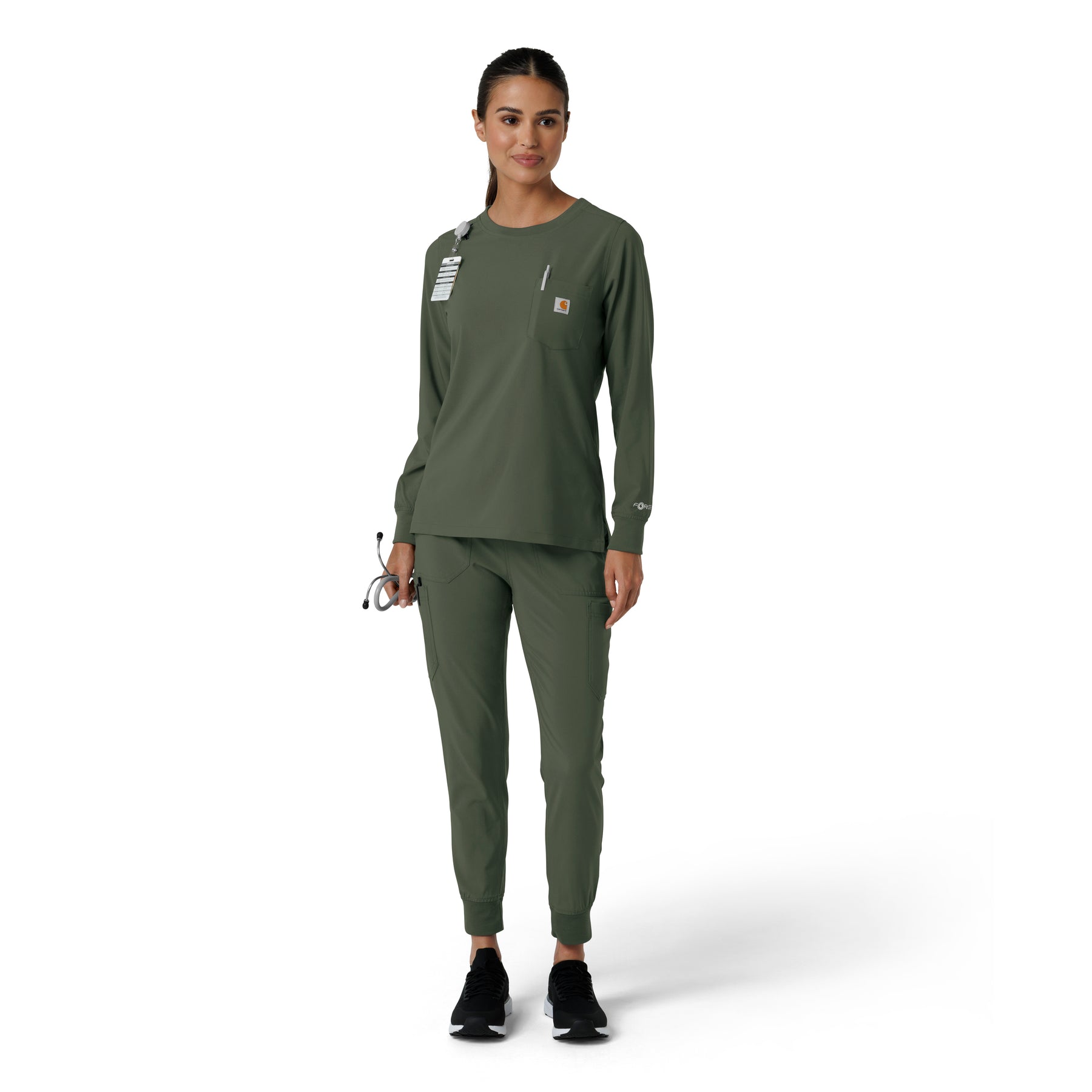 Force Cross-Flex Women's Crew Neck Long Sleeve Scrub Top Olive full scrub set