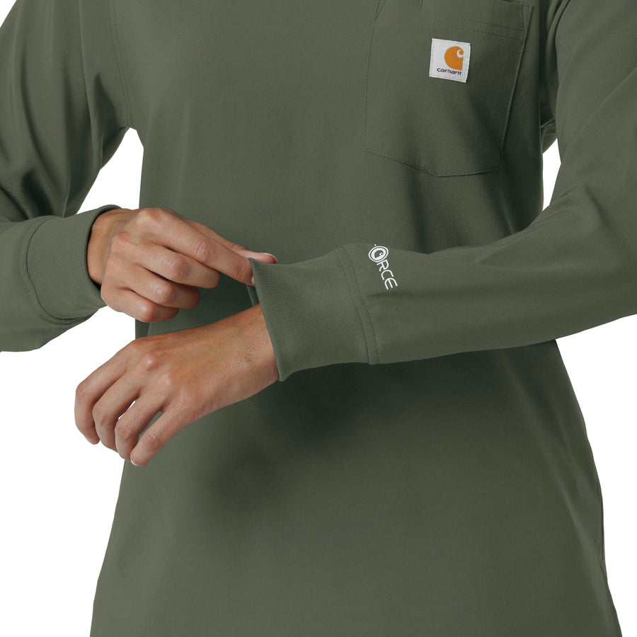 Force Cross-Flex Women's Crew Neck Long Sleeve Scrub Top Olive hemline detail