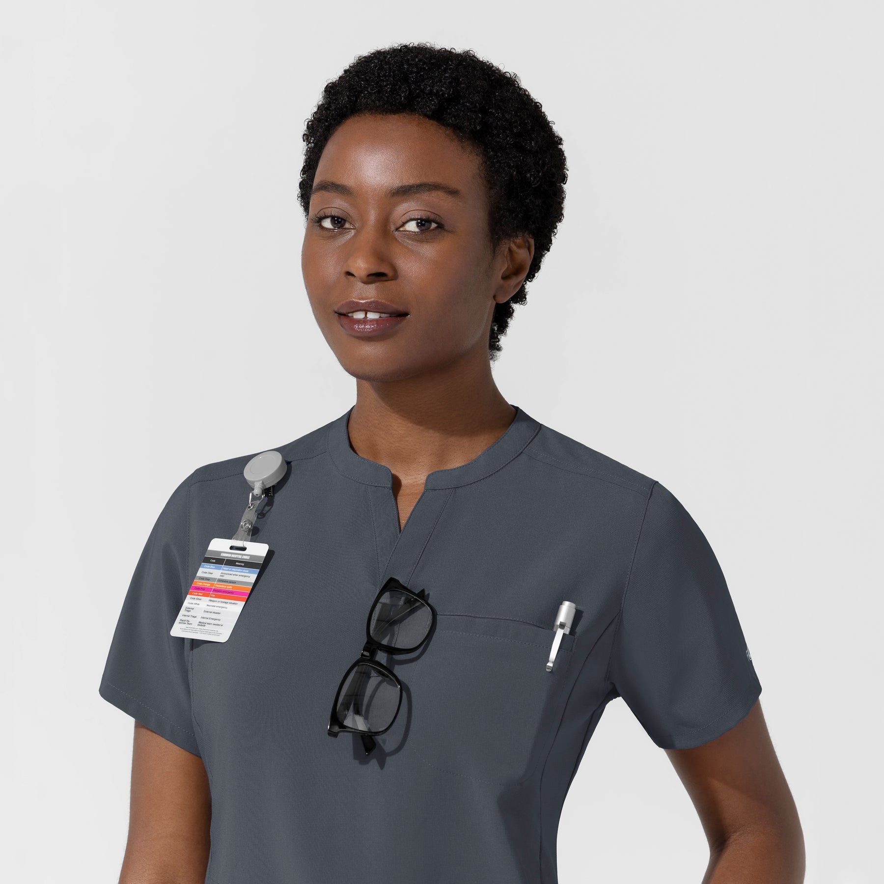 Carhartt Cross-Flex Women's Chest Pocket Scrub Top - Approaching Storm neckline

