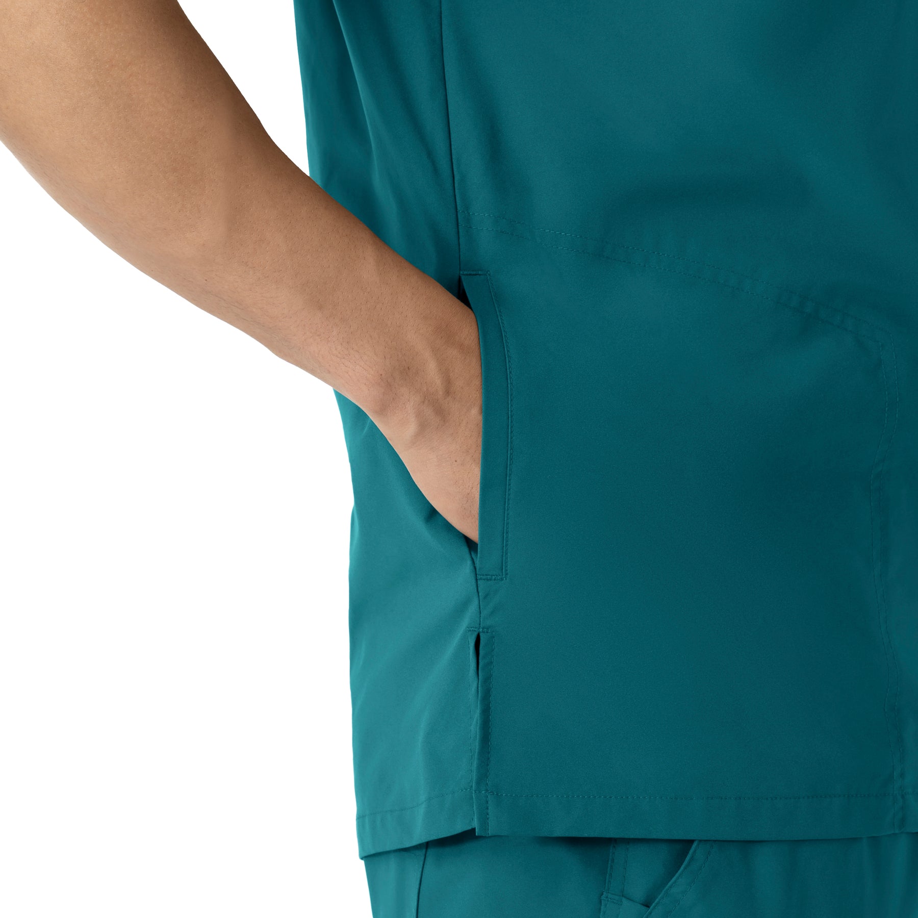 Force Essentials Men's V-Neck Shirttail Scrub Top Caribbean Blue front detail
