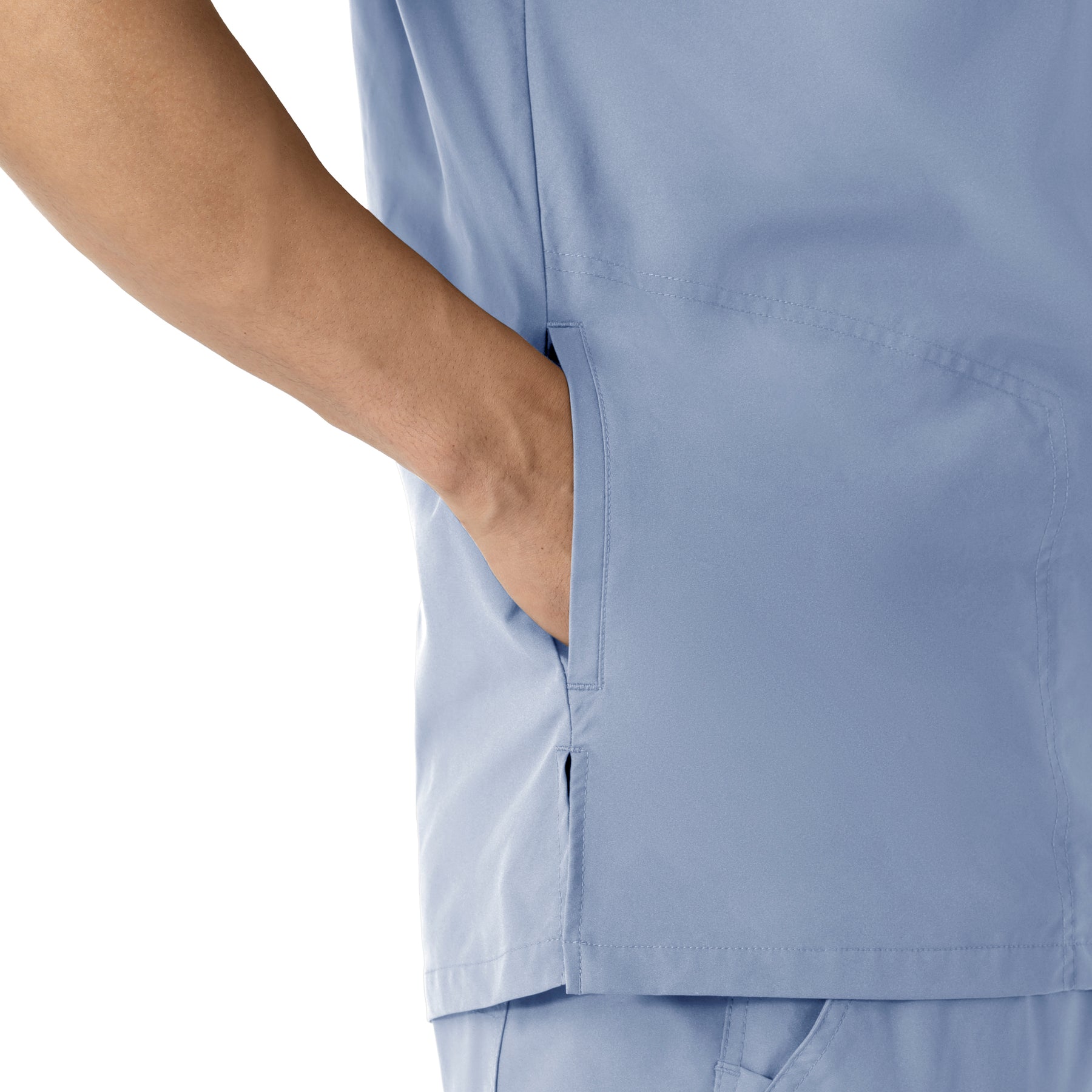Force Essentials Men's V-Neck Shirttail Scrub Top Ceil Blue front detail