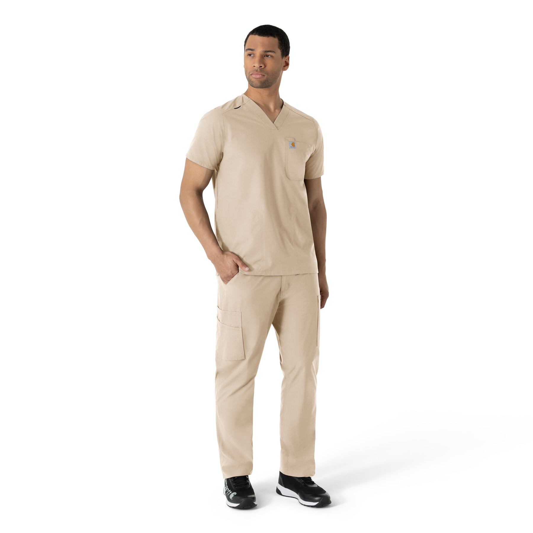 Force Essentials Men's V-Neck Shirttail Scrub Top Khaki full scrub set