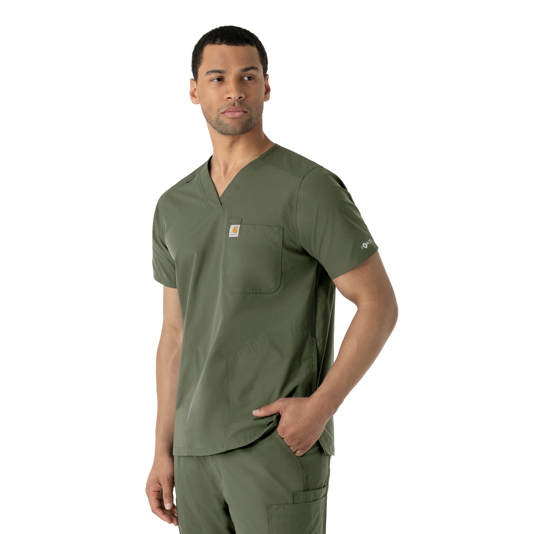 Force Essentials Men's V-Neck Shirttail Scrub Top Olive side view