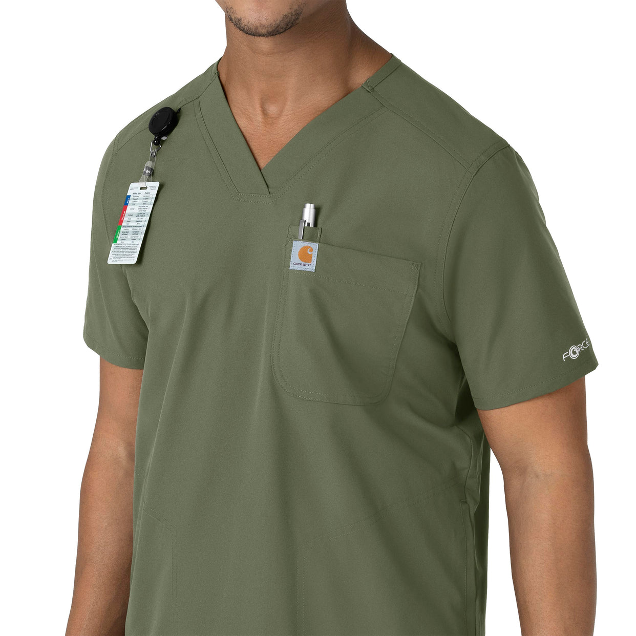 Force Essentials Men's V-Neck Shirttail Scrub Top Olive front detail
