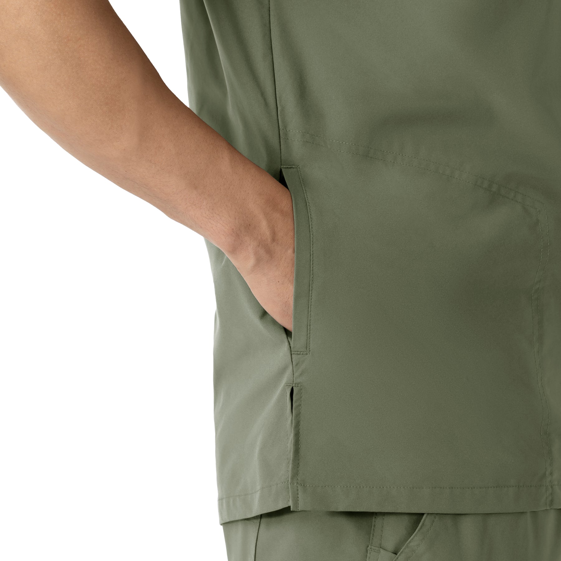 Force Essentials Men's V-Neck Shirttail Scrub Top Olive front detail