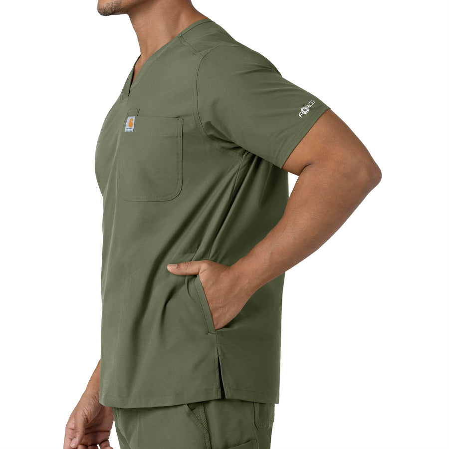 Force Essentials Men's V-Neck Shirttail Scrub Top Olive side detail 1