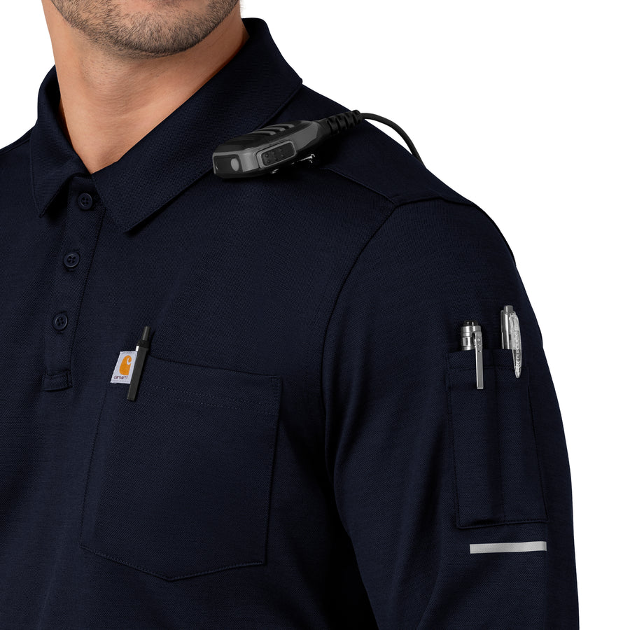 Rugged Flex RSCU Men's Heavyweight Long Sleeve Polo Scrub Top Dark Navy side detail 1