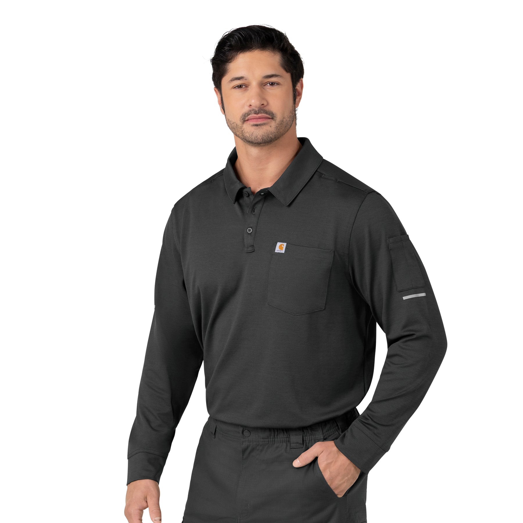 Rugged Flex RSCU Men's Heavyweight Long Sleeve Polo Scrub Top Pewter side view