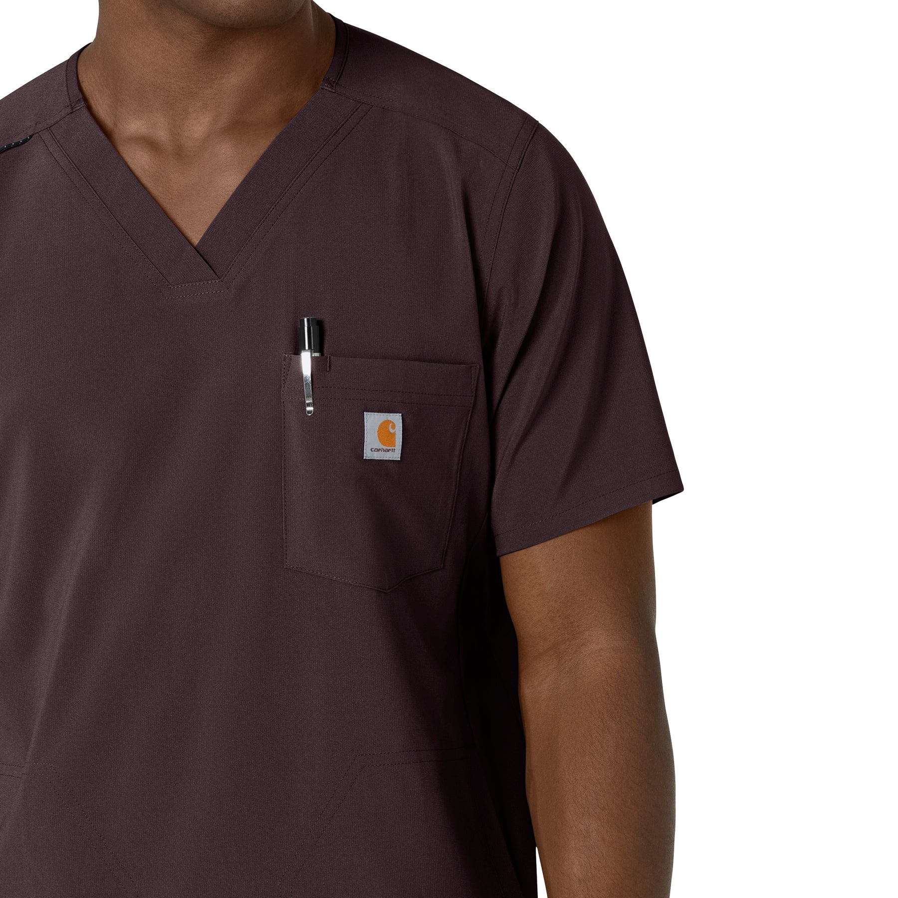 Carhartt Force Cross-Flex Men's V-Neck Scrub Top - Dark Sepia chest pocket