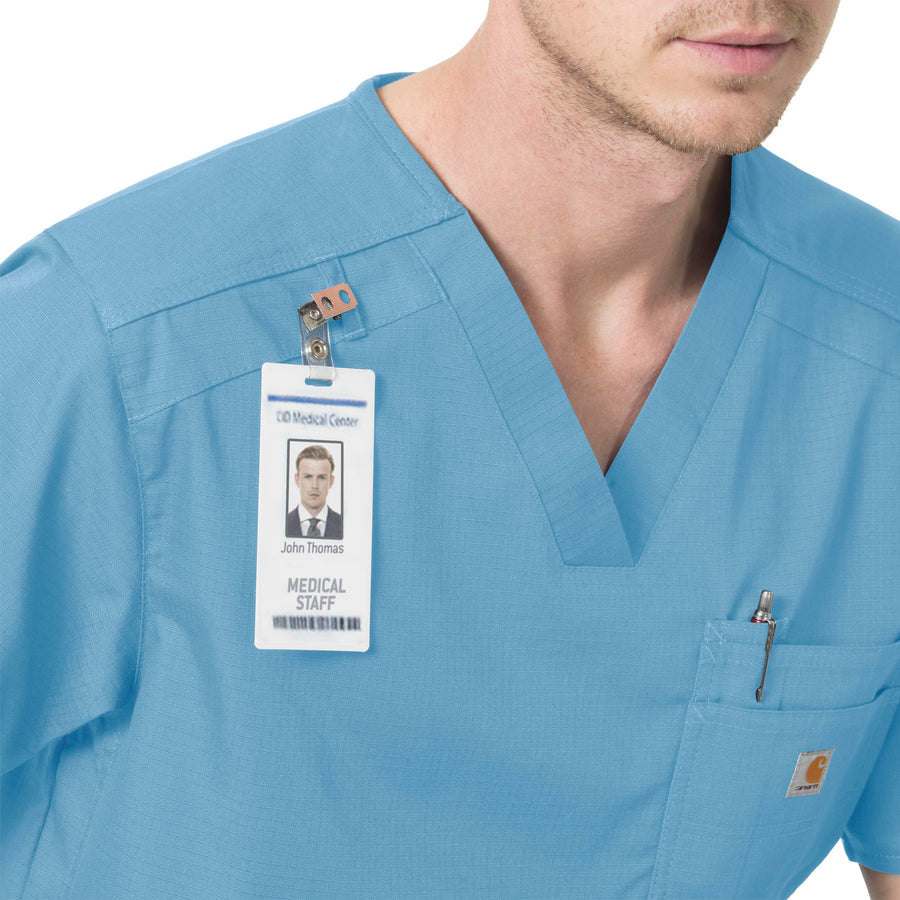 Rugged Flex Ripstop Men's Modern Fit Ripstop Chest Pocket Scrub Top Azure Blue front detail