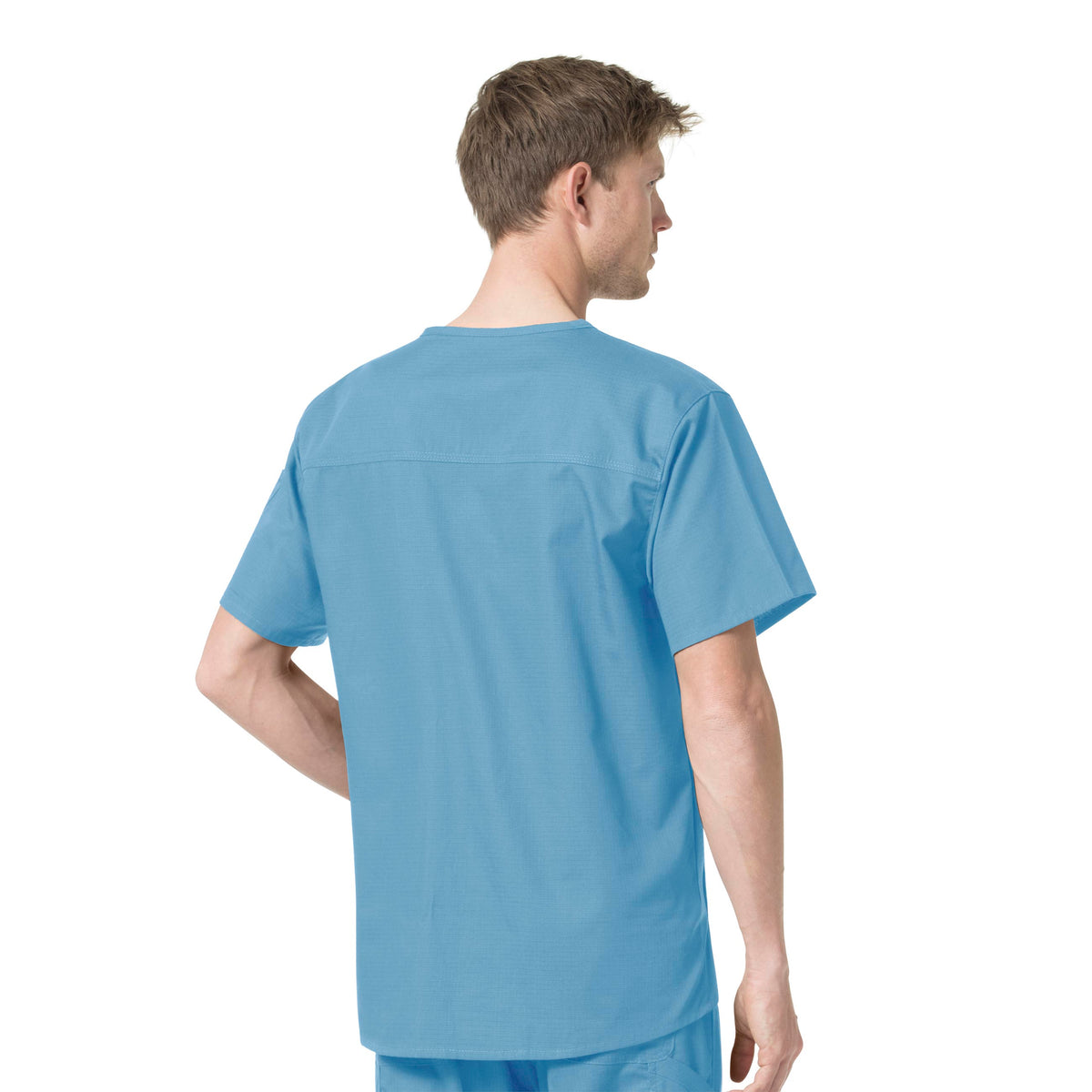 Rugged Flex Ripstop Men's Modern Fit Ripstop Chest Pocket Scrub Top Azure Blue back view