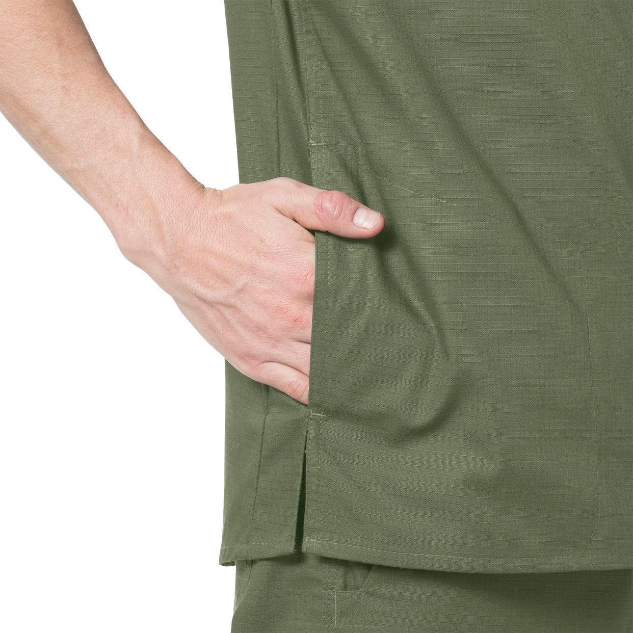 Rugged Flex Ripstop Men's 6 Pocket Scrub Top Olive hemline detail