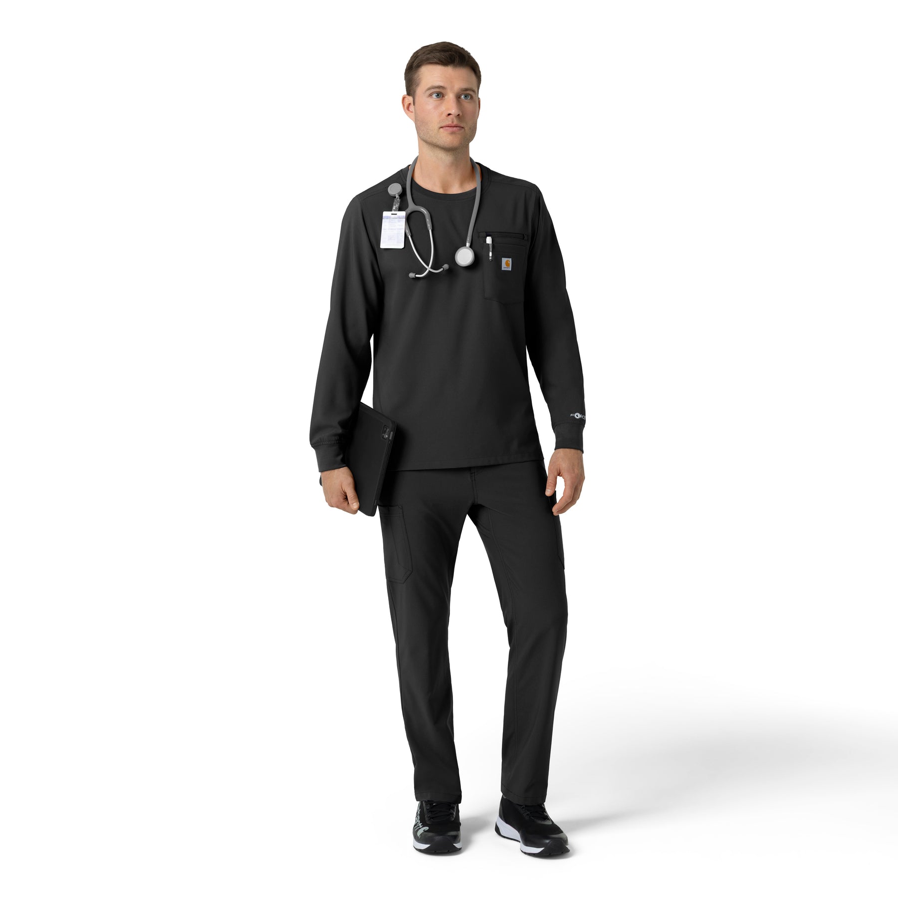 Force Cross-Flex Men's Crew Neck Long Sleeve Scrub Top Black full scrub set