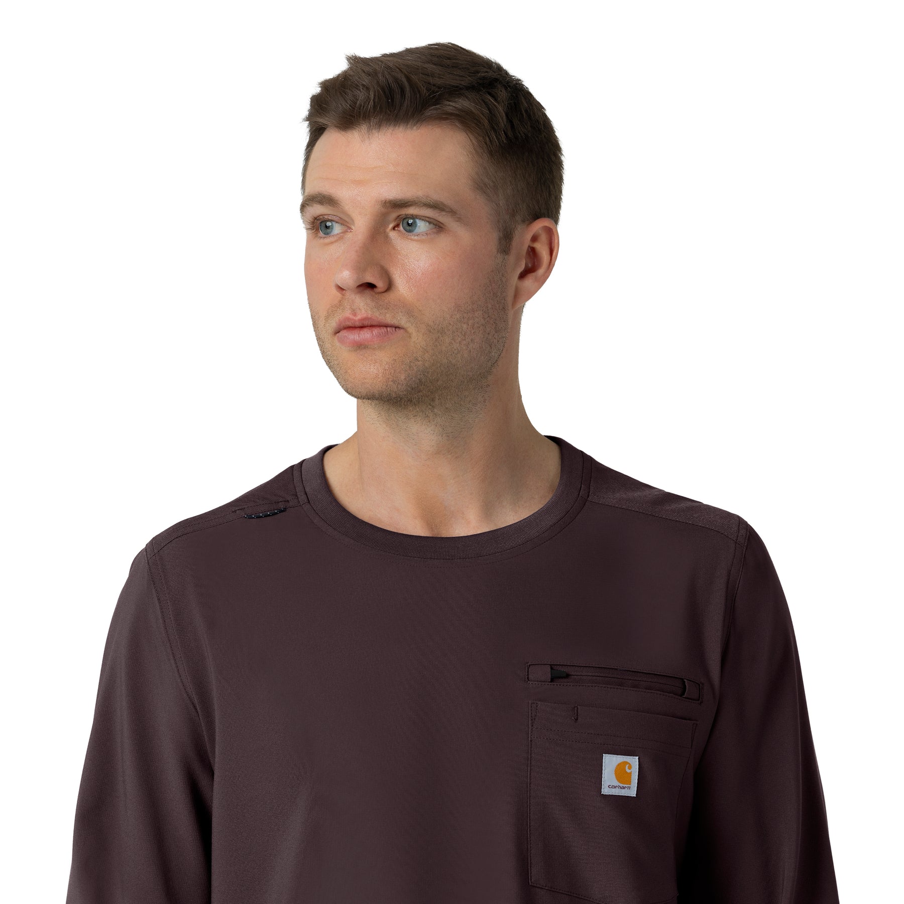 Carhartt Force Cross-Flex Men's Crew Neck Long Sleeve Scrub Top - Dark Sepia neckline