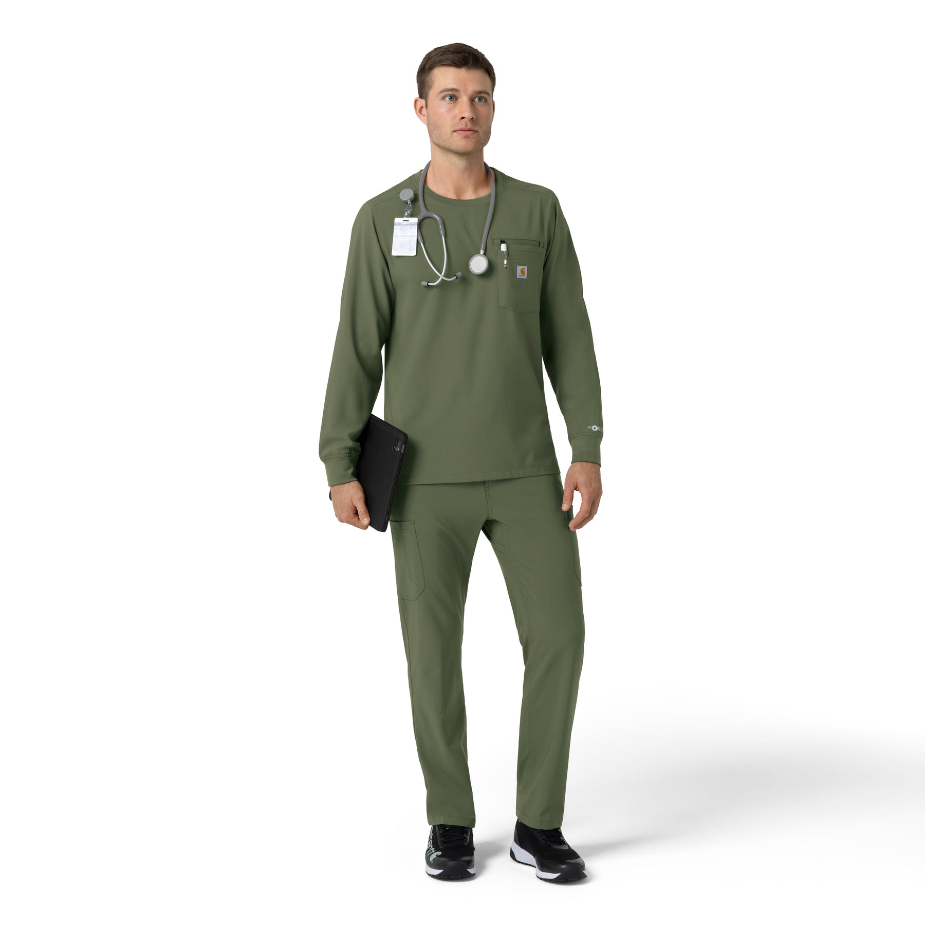 Force Cross-Flex Men's Crew Neck Long Sleeve Scrub Top Olive full scrub set