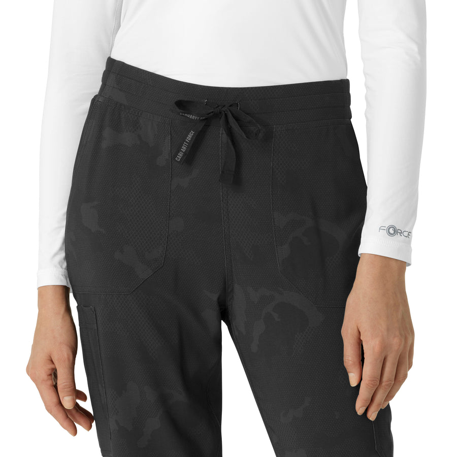 Carhartt Women's Printed Cargo Jogger Scrub Pant - Caring Camo Black - elastic and drawstring waistband