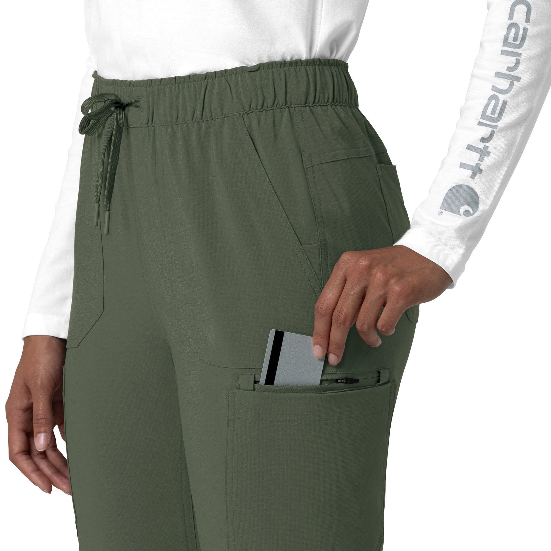 Force Cross-Flex Women's Straight Leg Cargo Scrub Pant Olive zip card pocket