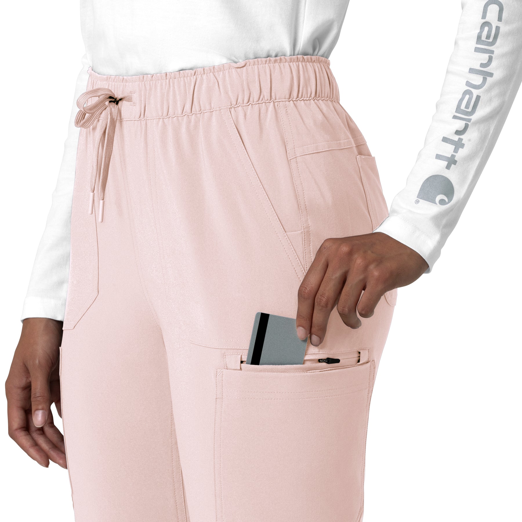 Force Cross-Flex Women's Straight Leg Cargo Scrub Pant Soft Rose zip card pocket detail