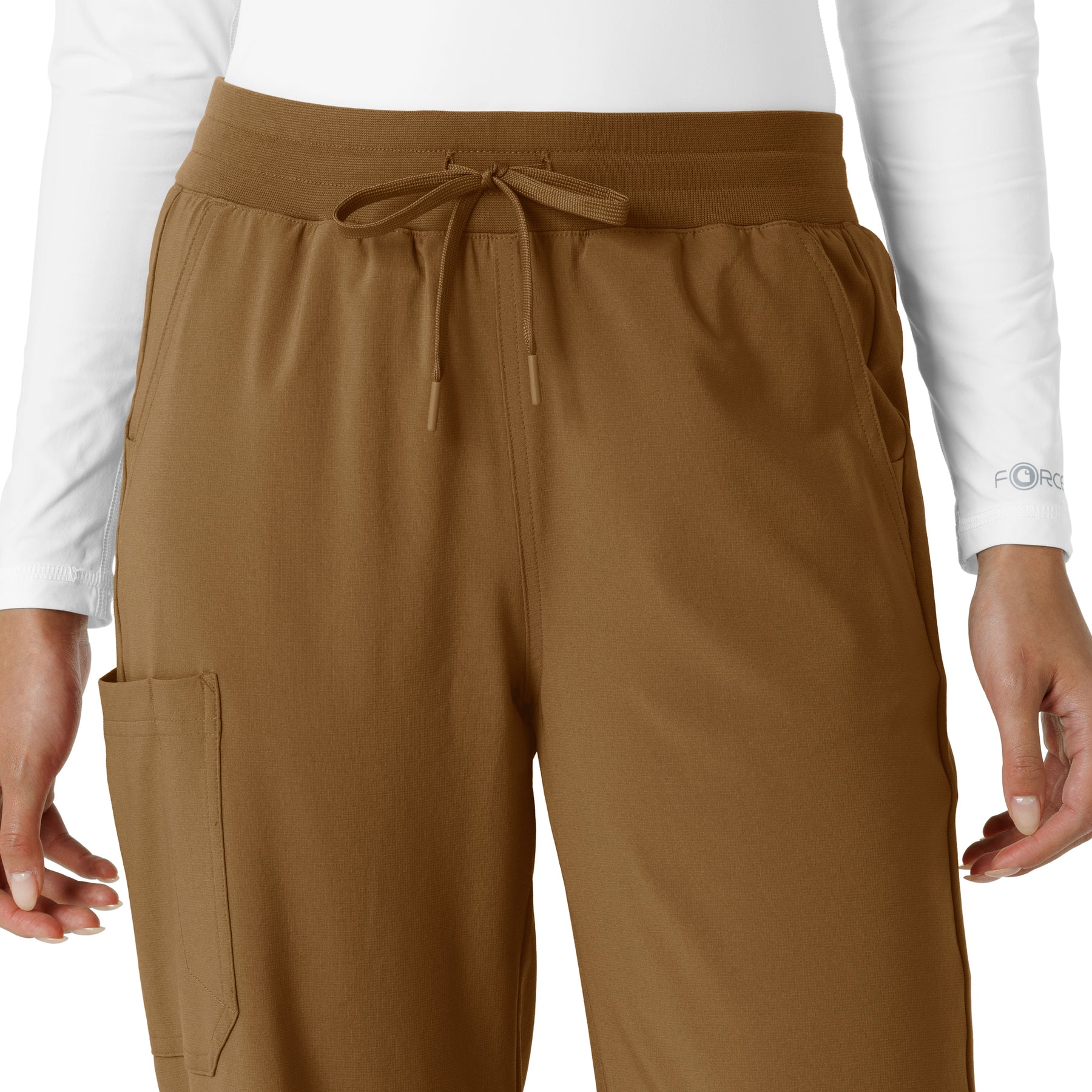 Force Cross-Flex Women's Boot Cut Scrub Pant Carhartt Brown front detail
