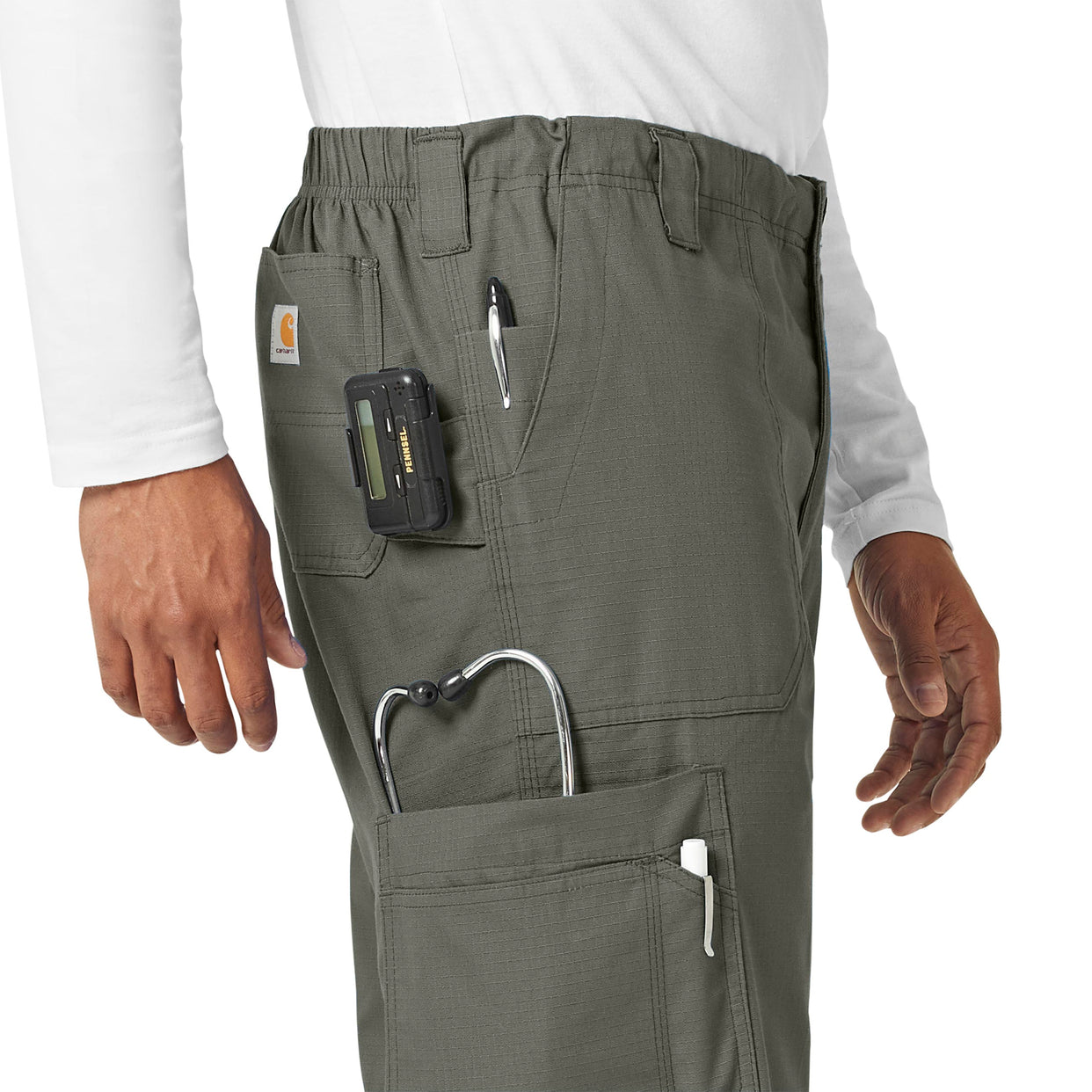 Ripstop & Sub-Scrubs Men's Boot Cut 8-Pocket Cargo Scrub Pant Olive front detail