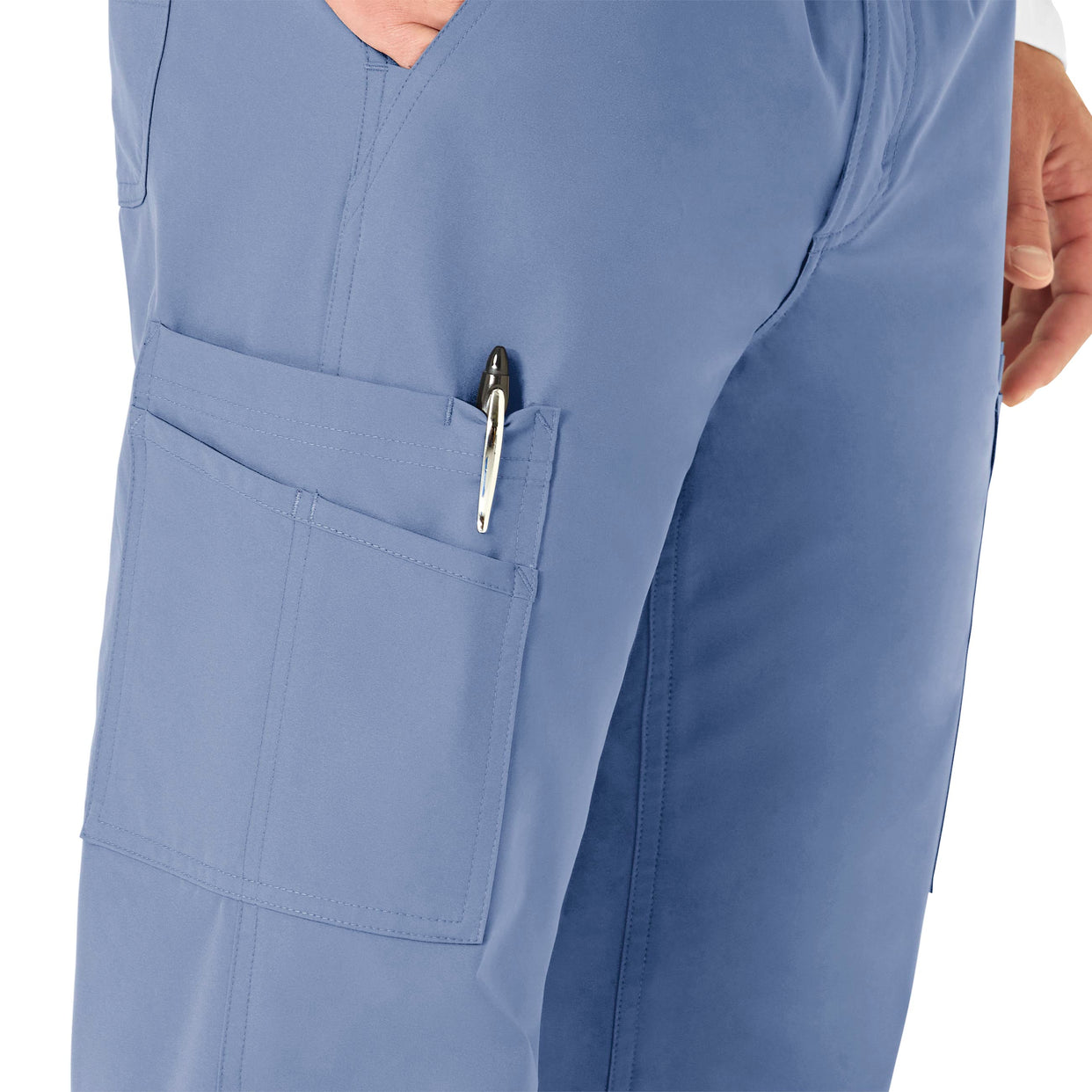 Force Essentials Men's Straight Leg Cargo Scrub Pant Ceil Blue hemline detail