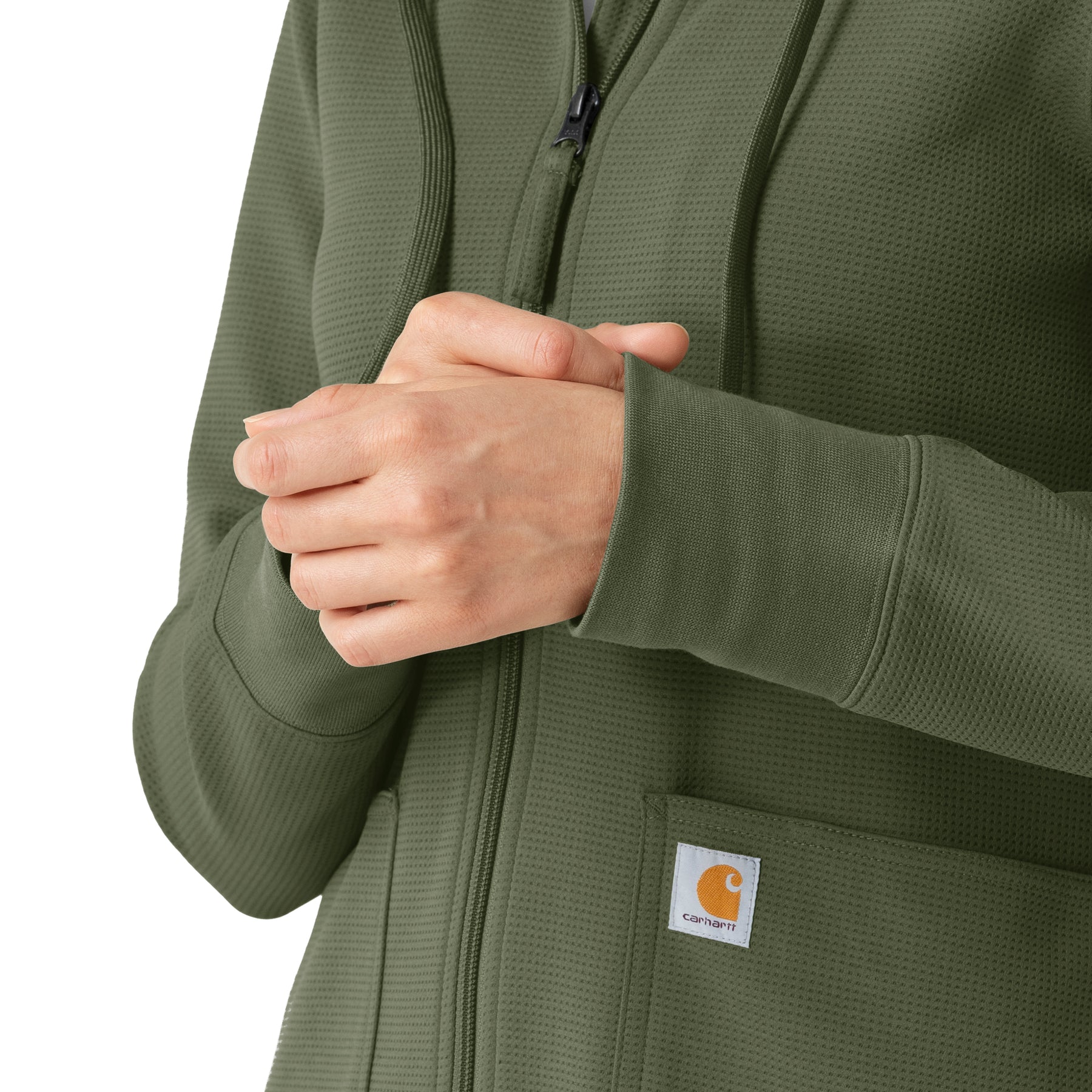 Layers Women's Full Zip Waffle Hoodie Olive front detail